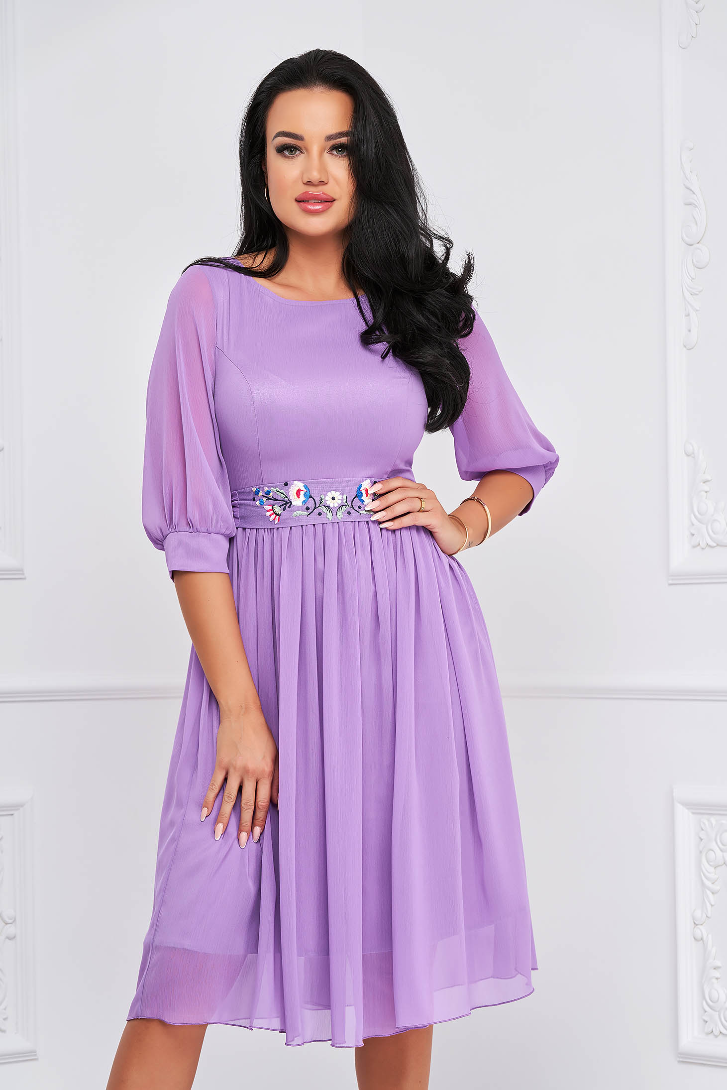 Flowy dress in light purple midi a-line with floral embroidery made in our own workshops - StarShinerS