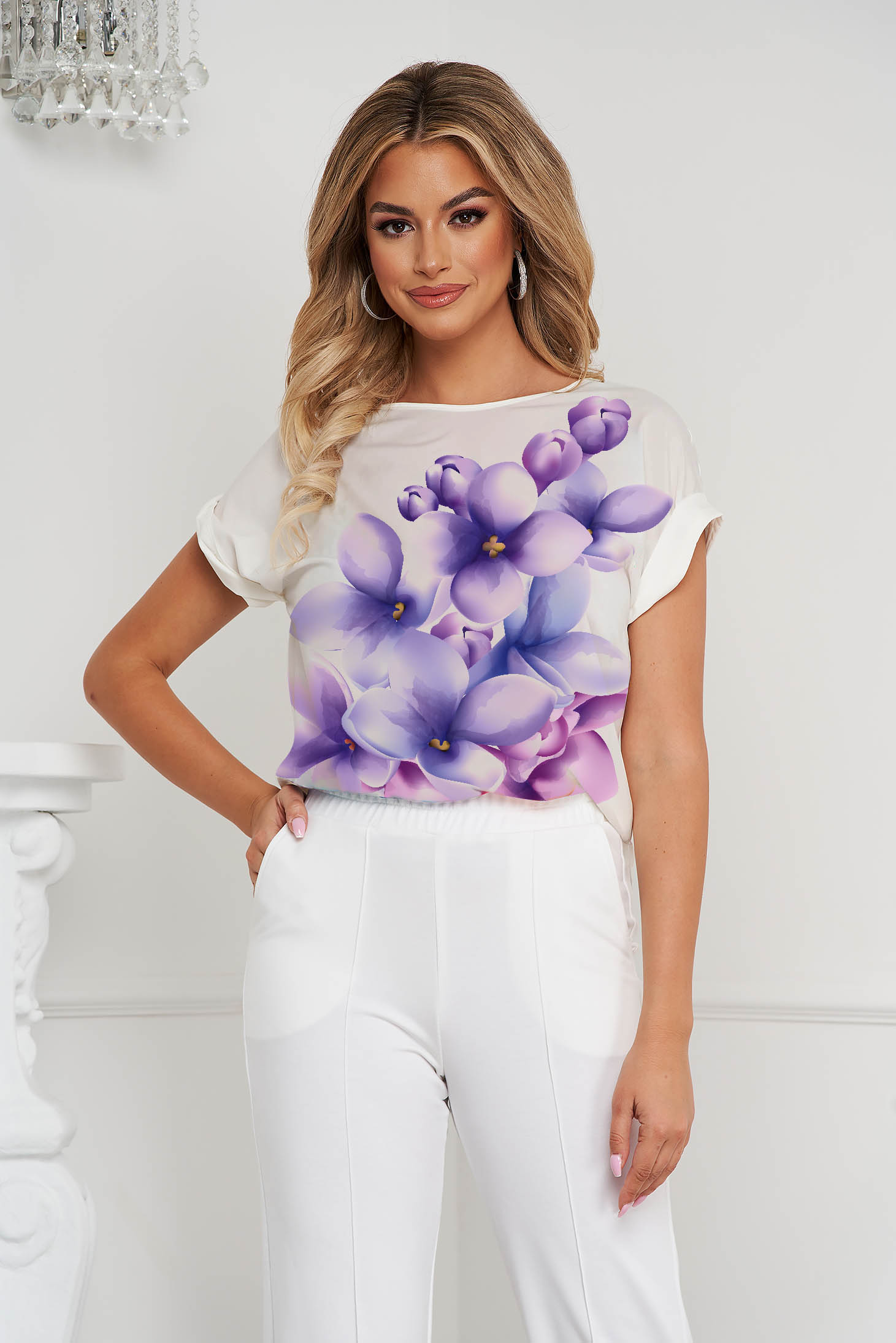 - StarShinerS women`s blouse loose fit from veil fabric asymmetrical with graphic details