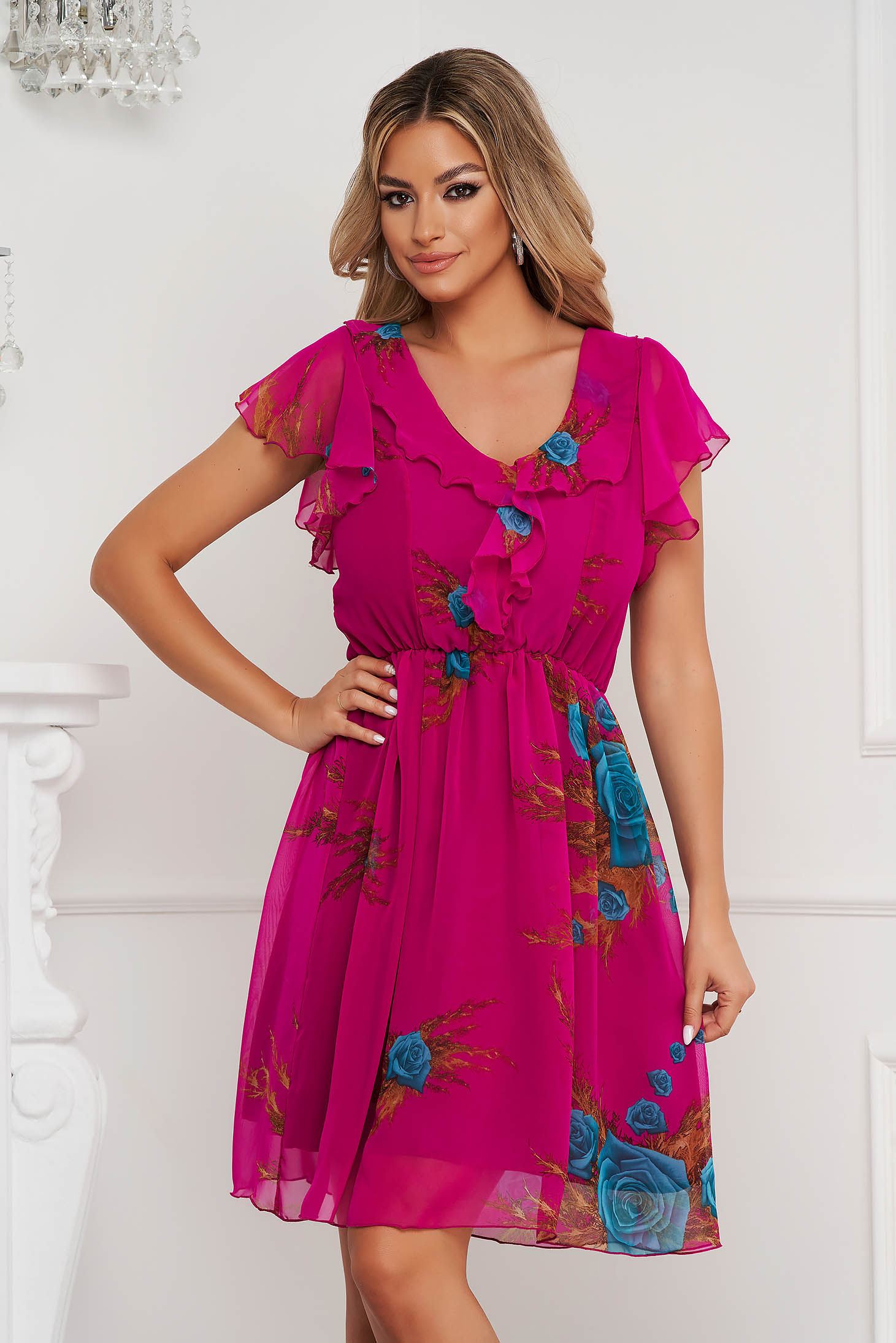 Dress cloche with elastic waist short cut from veil fabric frilly trim around cleavage line with ruffled sleeves