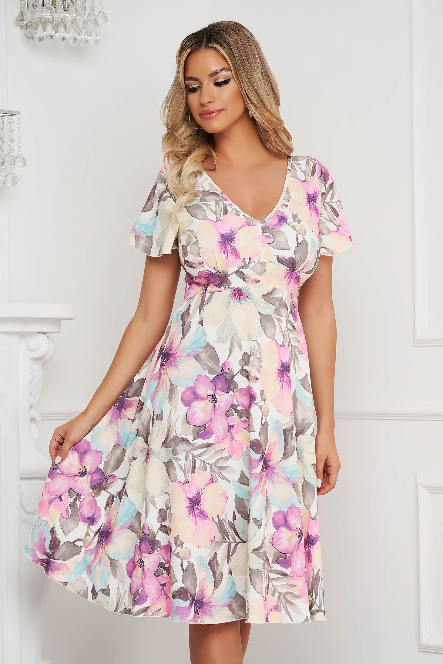 Dress midi cloche short sleeves with floral print thin fabric office