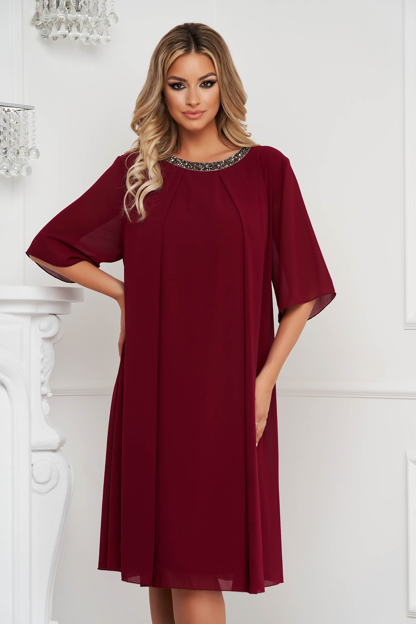 From veil fabric midi loose fit with crystal embellished details burgundy dress