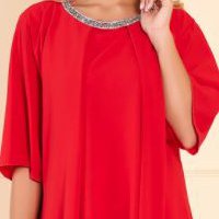 Elegáns ruha muszlin piros bő szabású midi strasszos kiegészítővel