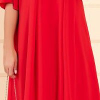 Red midi veil dress with wide cut accessorized with rhinestone gems