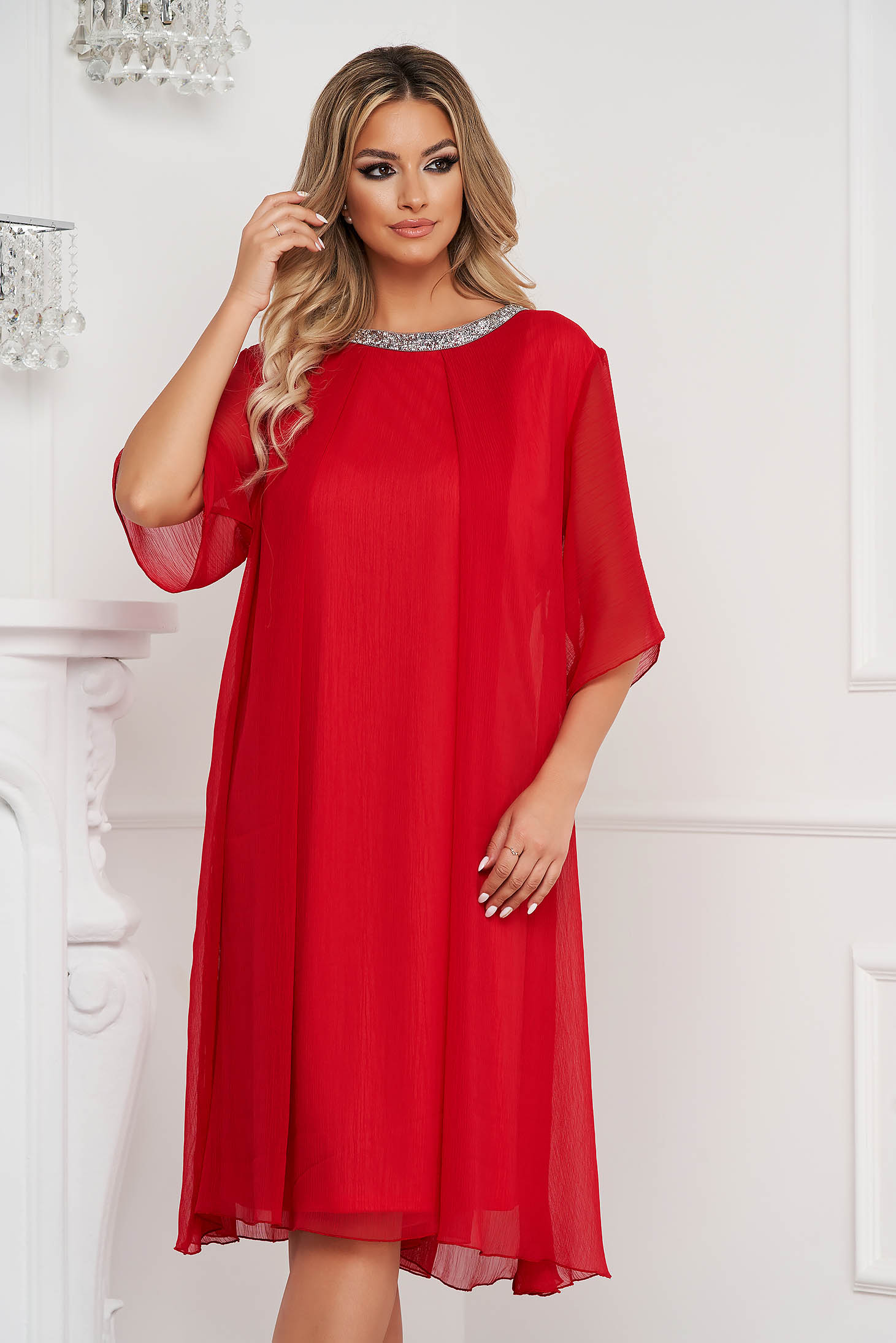 Red midi veil dress with wide cut accessorized with rhinestone gems 1 - StarShinerS.com