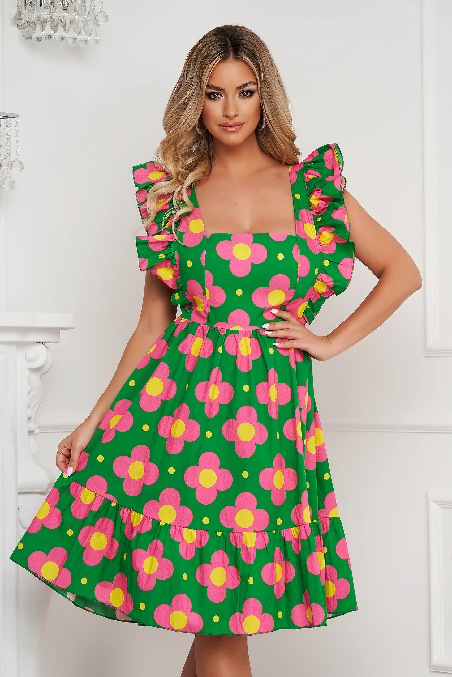 Dress midi cloche cotton bare back with ruffled sleeves