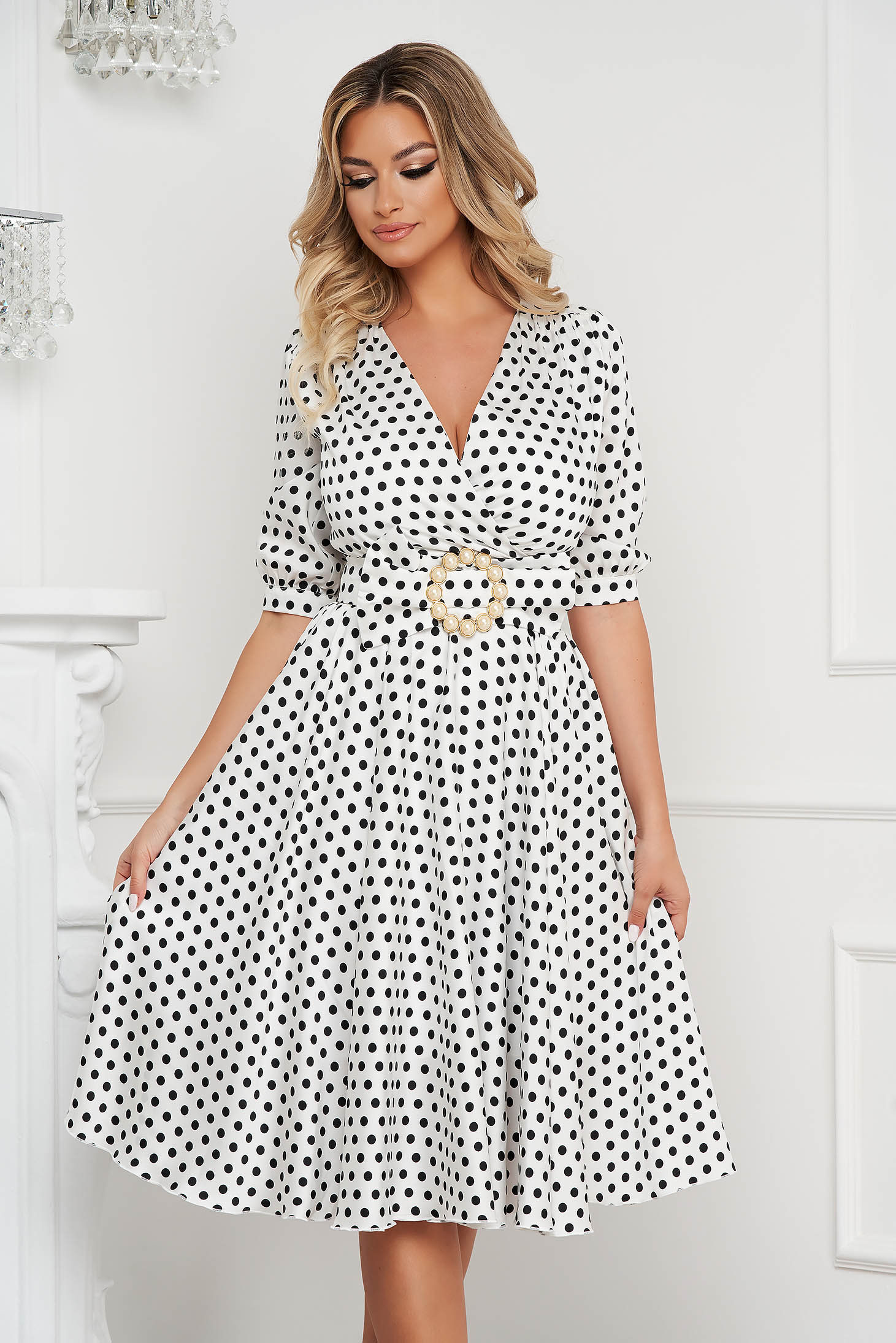 Dress midi cloche from veil fabric dots print with 3/4 sleeves