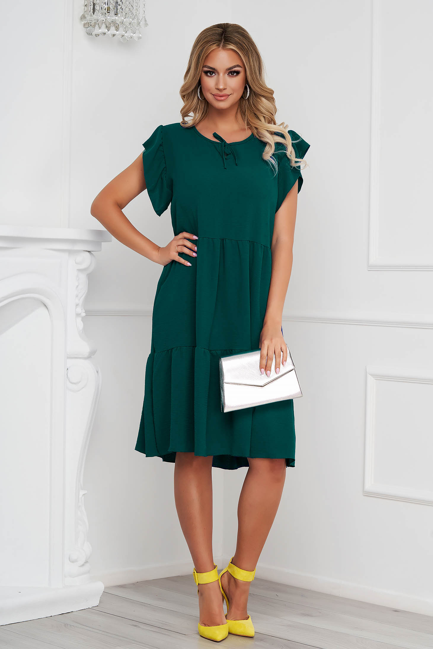 Darkgreen dress midi loose fit airy fabric with ruffle details