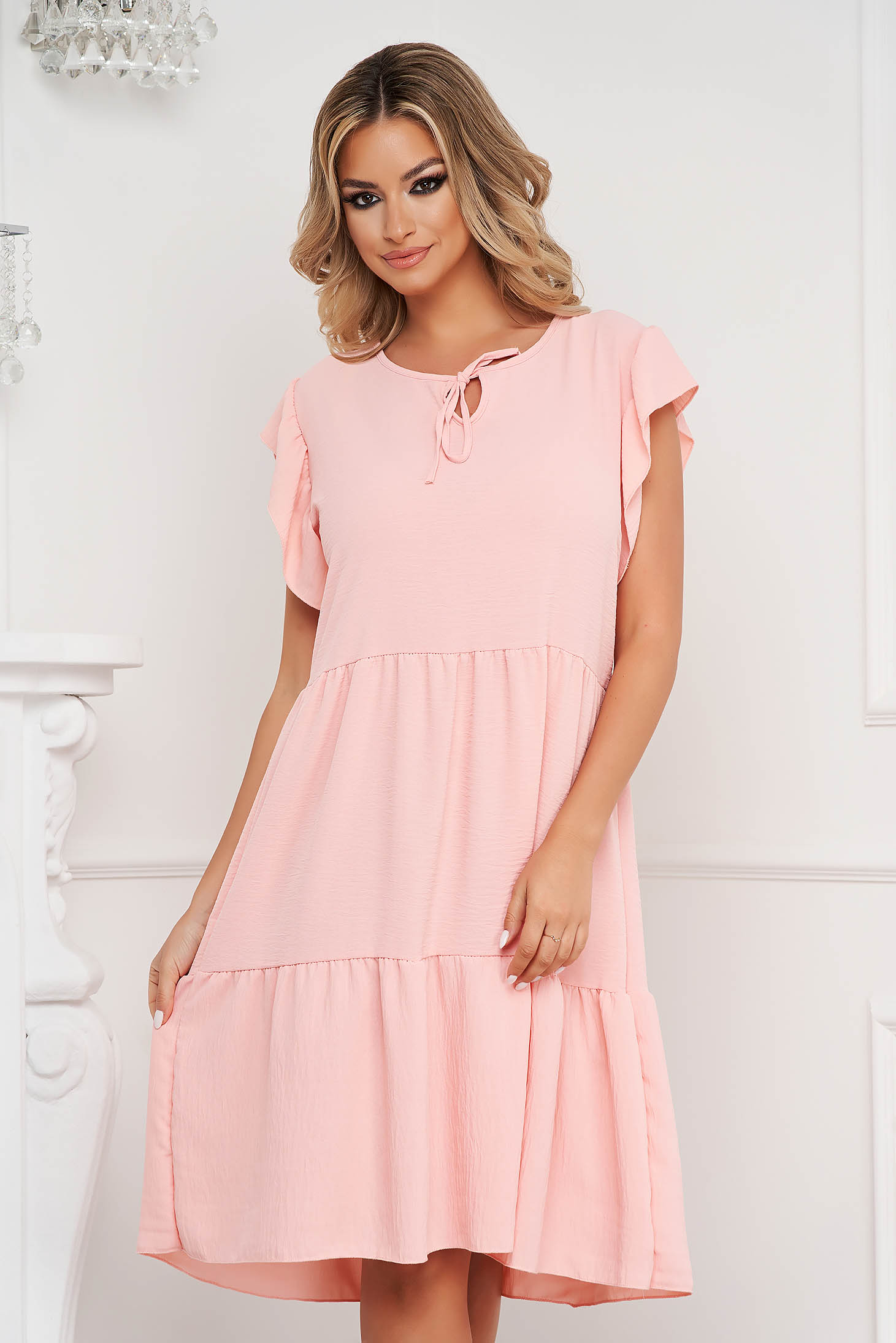 Peach dress midi loose fit airy fabric with ruffle details