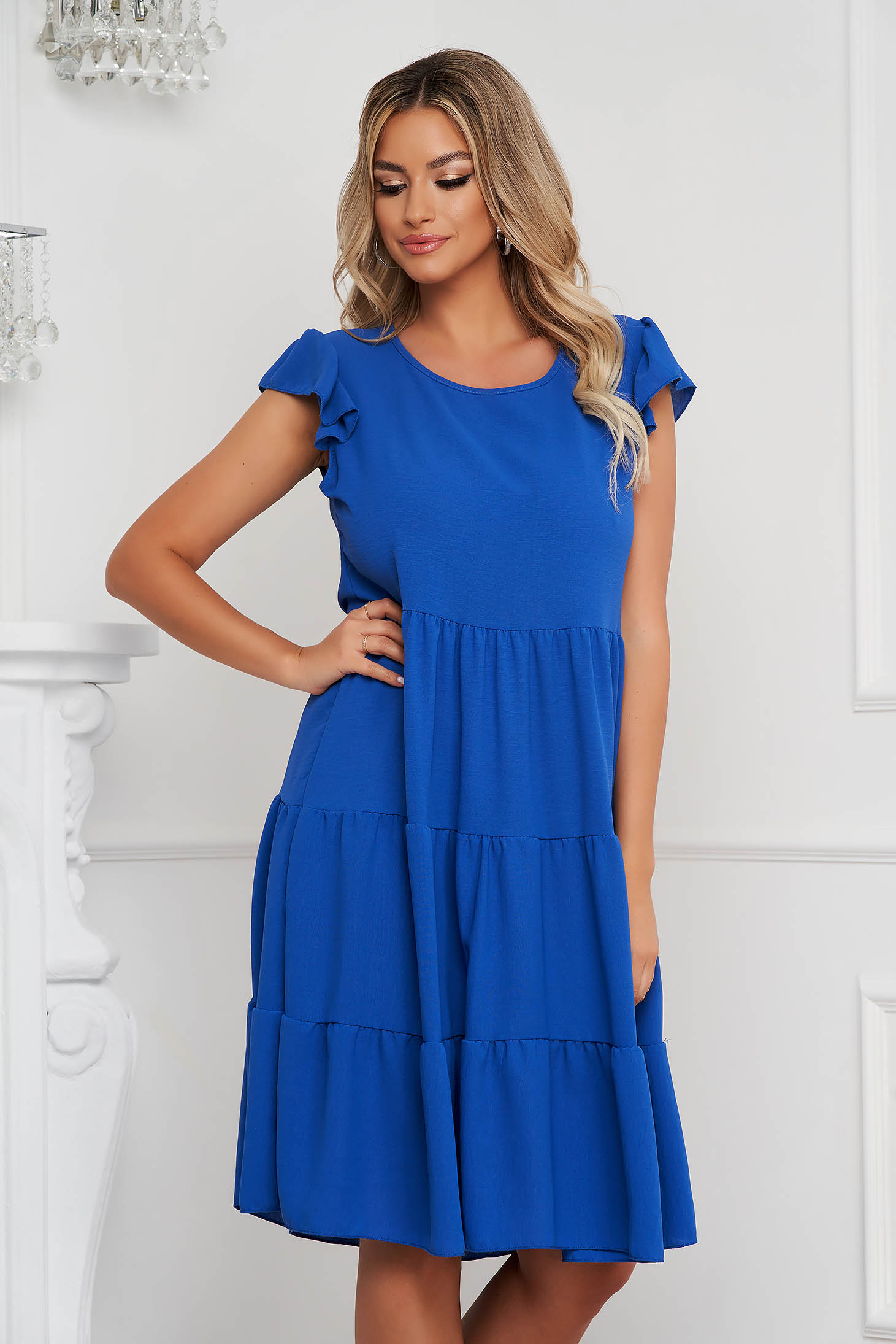 Blue dress thin fabric midi loose fit with ruffle details