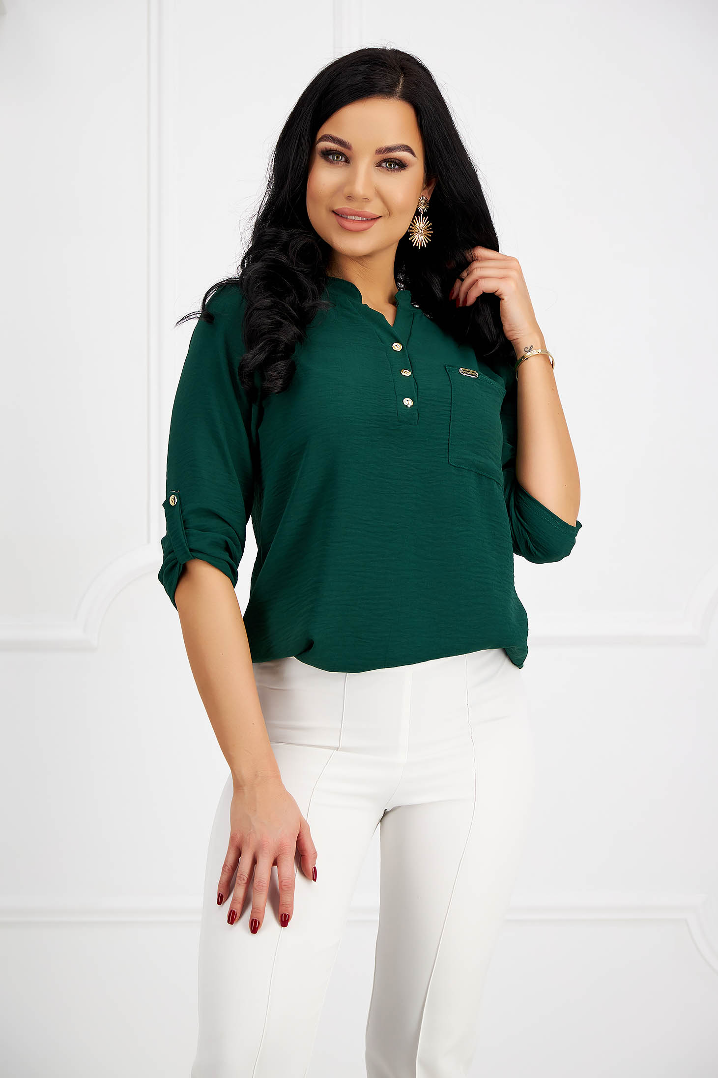 Darkgreen women`s blouse loose fit a front pocket georgette