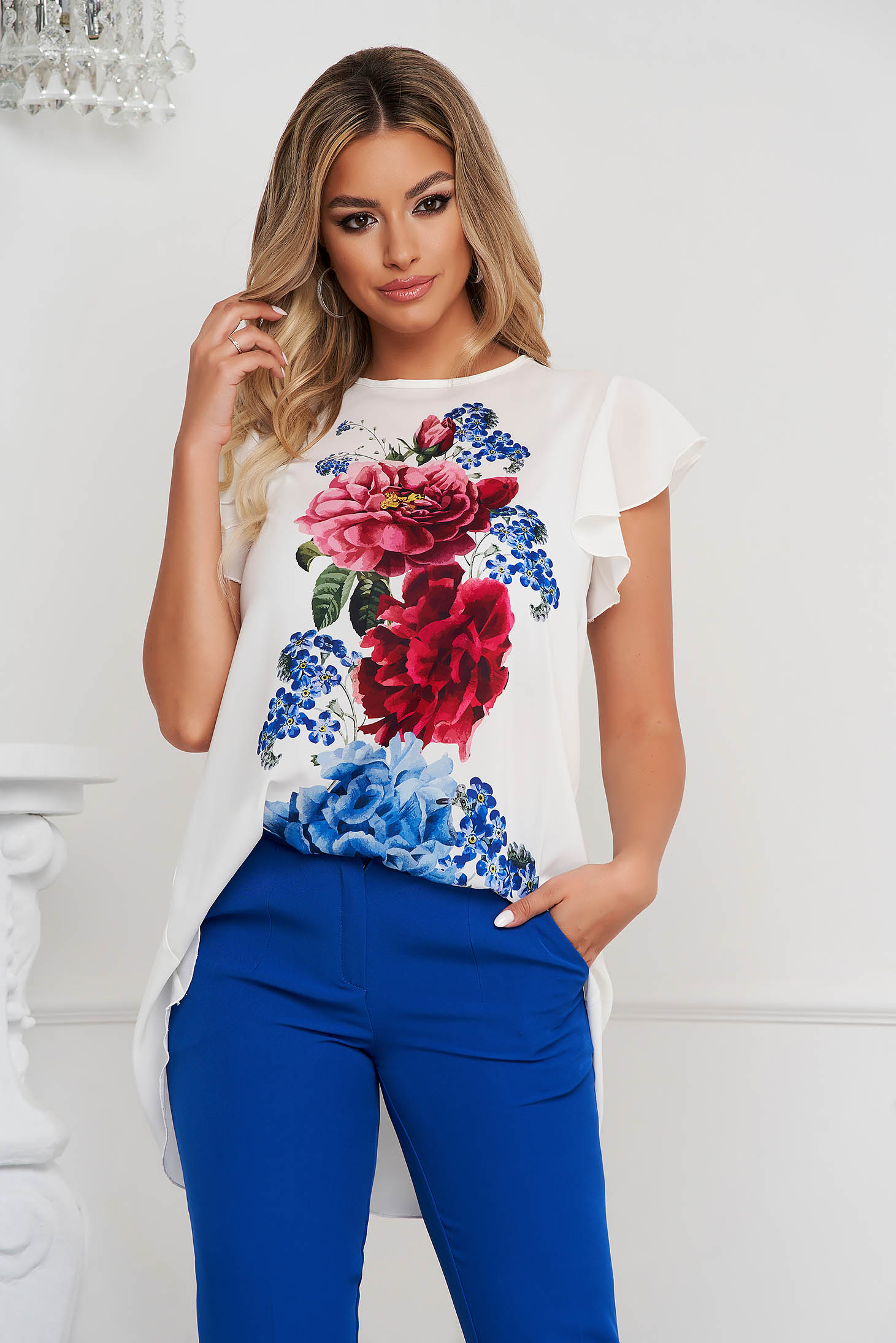 Bluza dama din voal asimetrica cu croi larg si imprimeu floral - StarShinerS