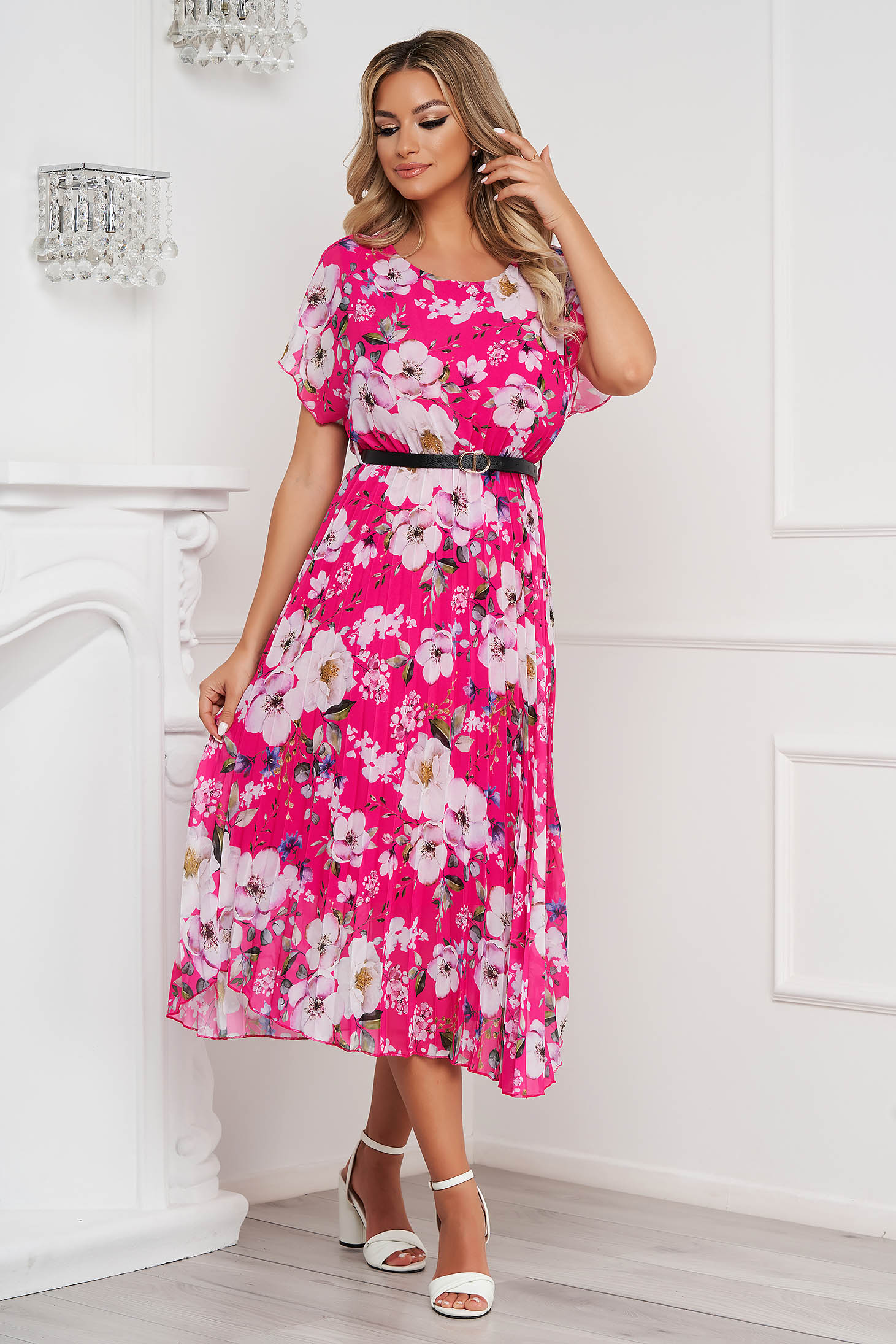 Dress midi from veil fabric folded up faux leather belt