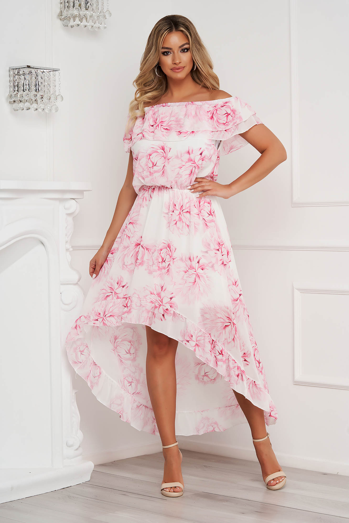 Dress asymmetrical from veil fabric naked shoulders frilly trim around neck and cleavage line