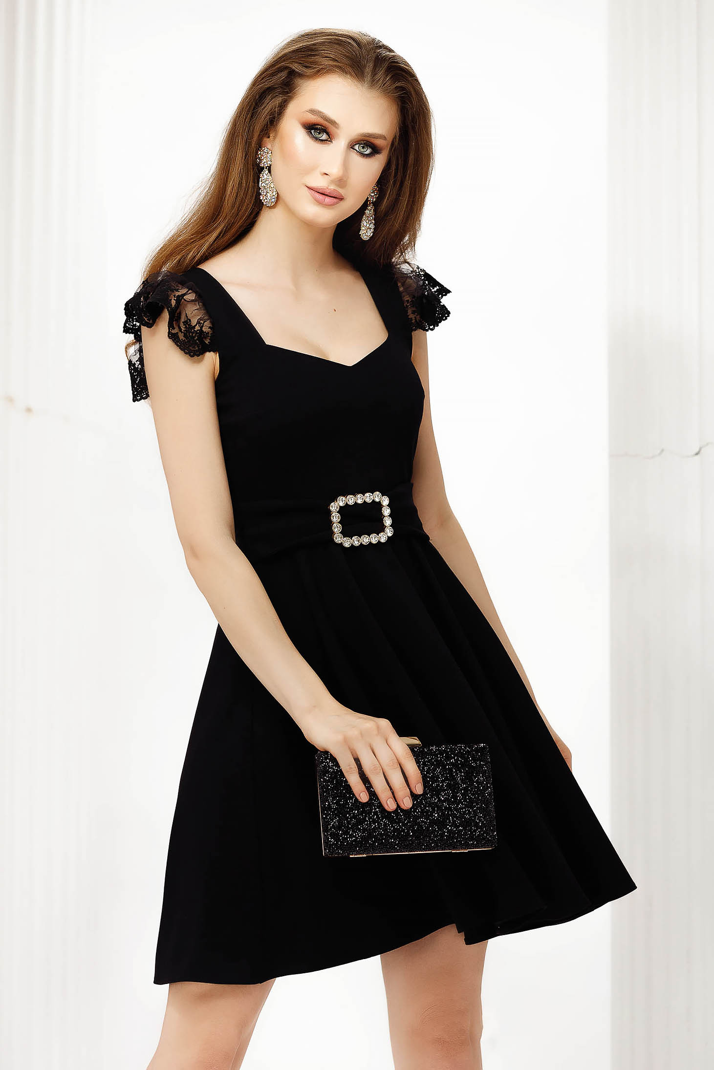 Black dress thin fabric with laced sleeves cloche short cut occasional