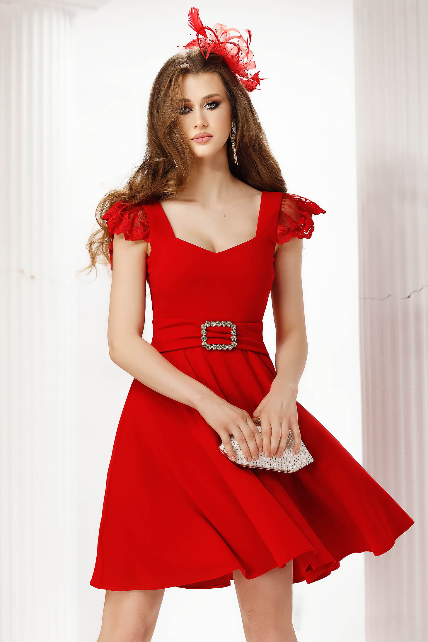 Red dress thin fabric with laced sleeves cloche short cut occasional