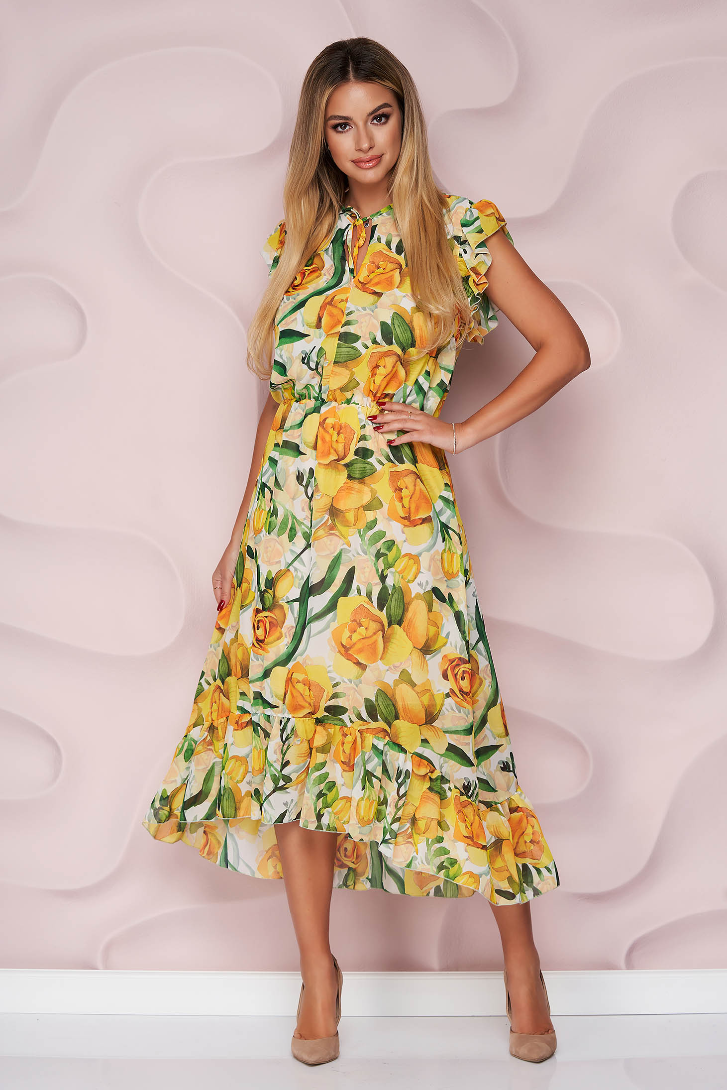 StarShinerS dress midi asymmetrical cloche airy fabric with ruffled sleeves