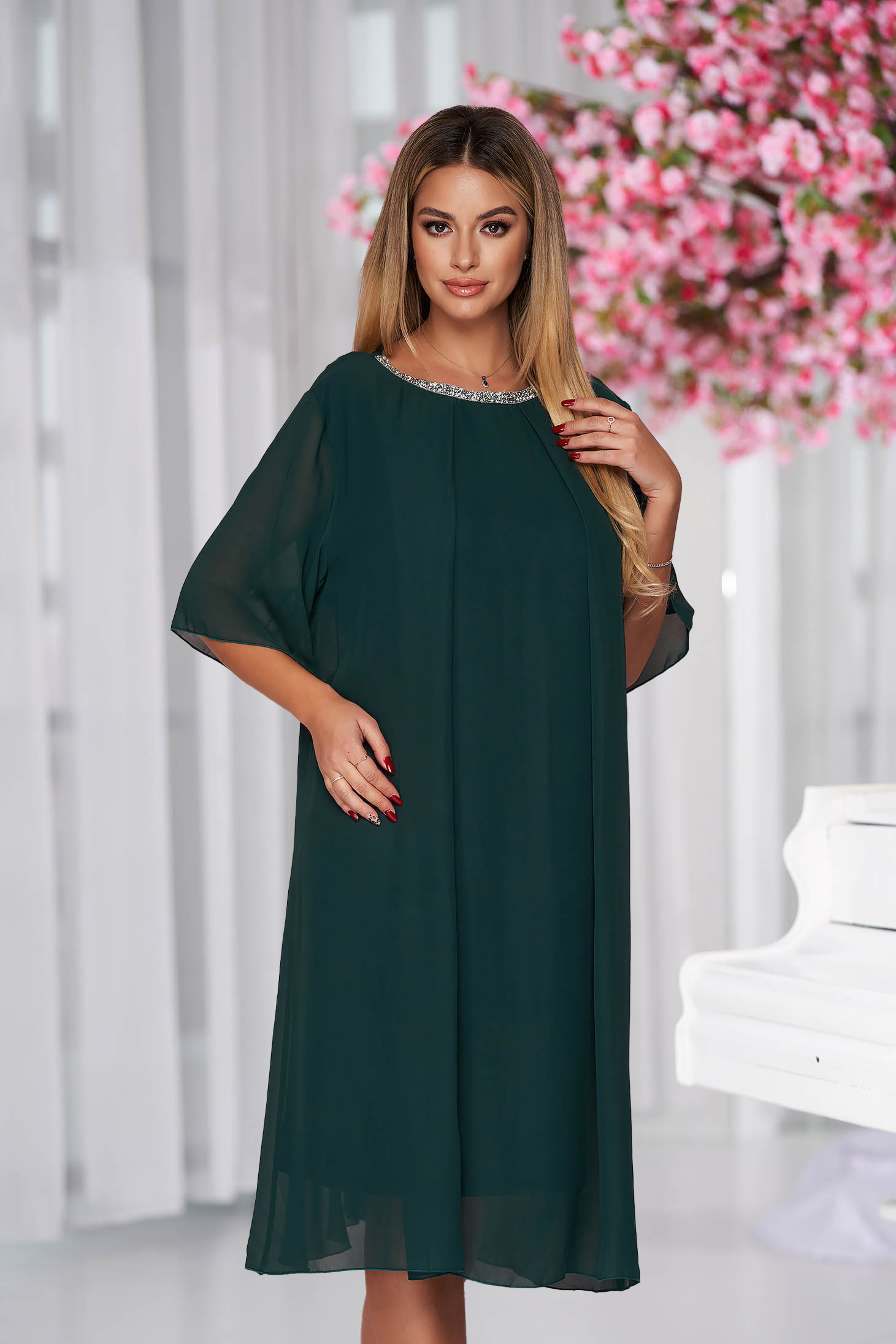 From veil fabric midi loose fit with crystal embellished details green dress