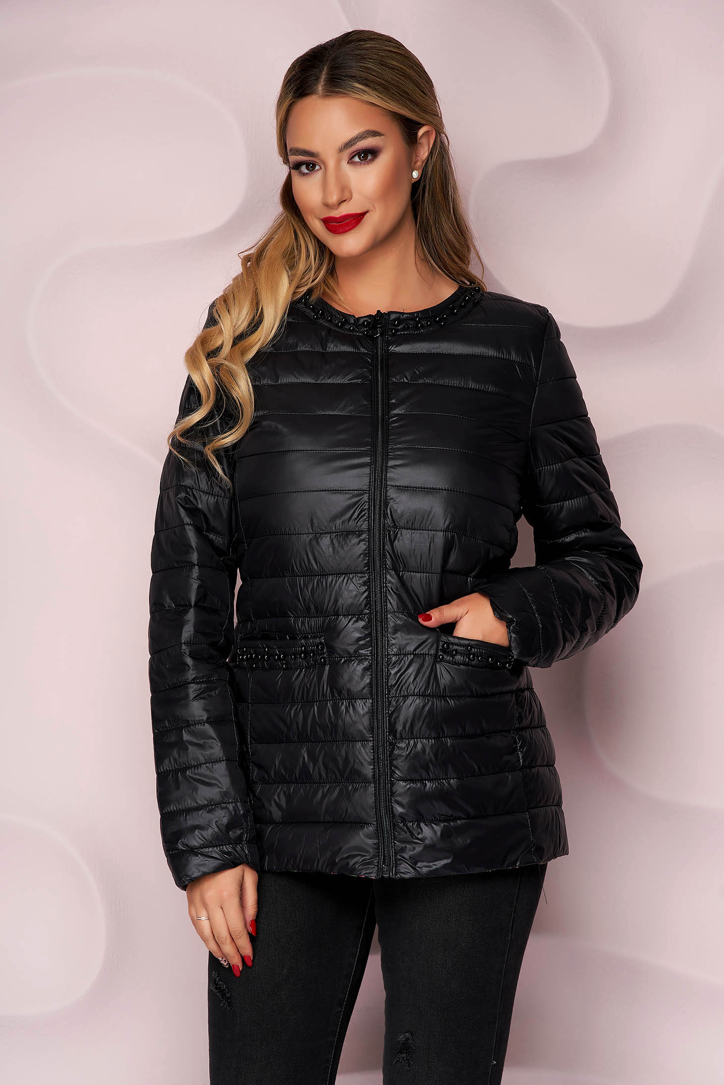 Black jacket from slicker thin fabric with pearls straight