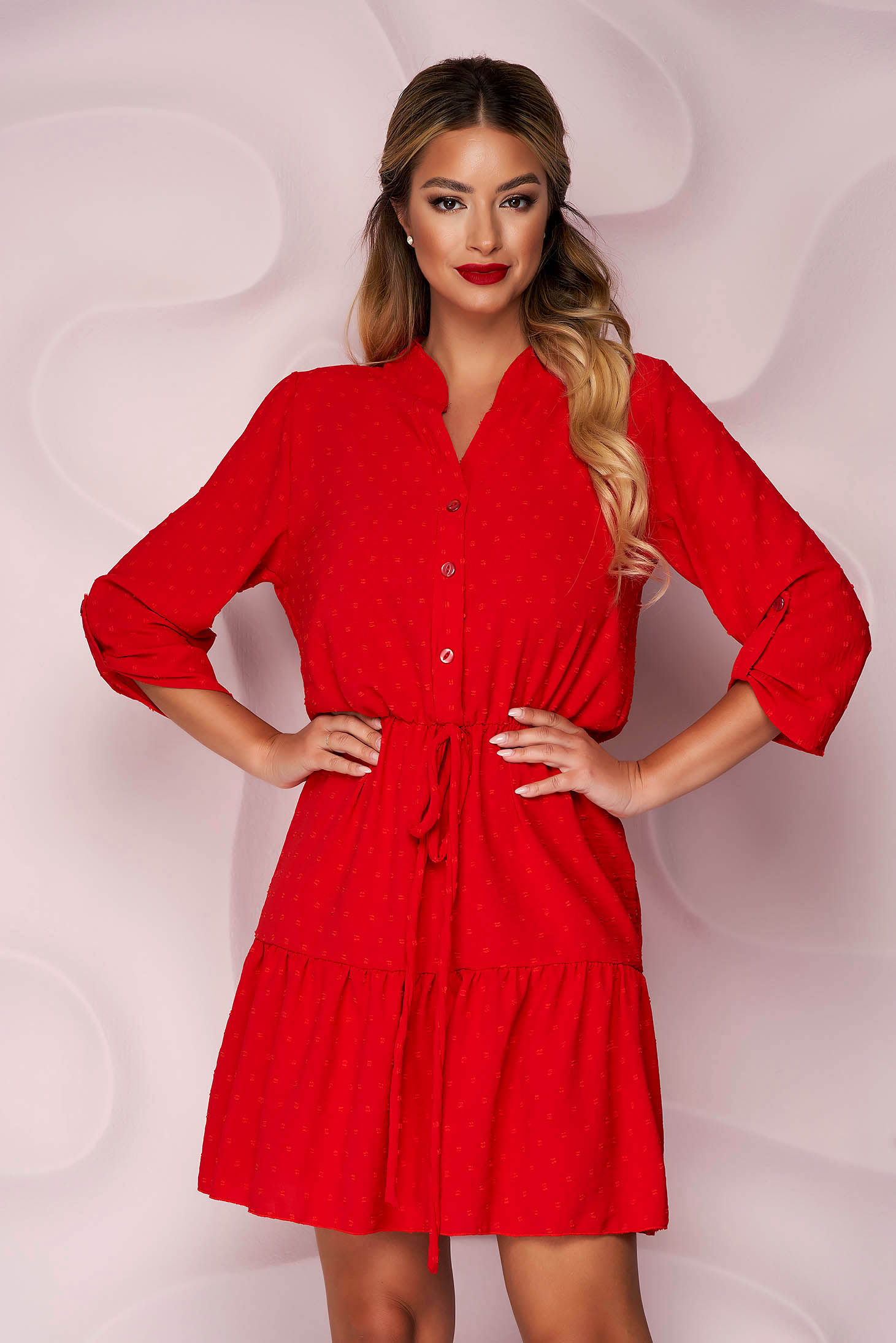 Piros rövid harang alakú ruha gumirozott derékrésszel muszlinból