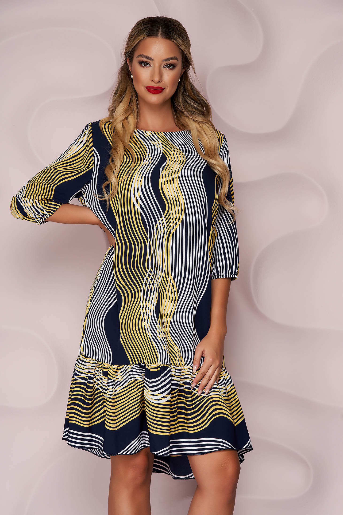 Dress office midi thin fabric slightly elastic fabric with ruffles at the buttom of the dress