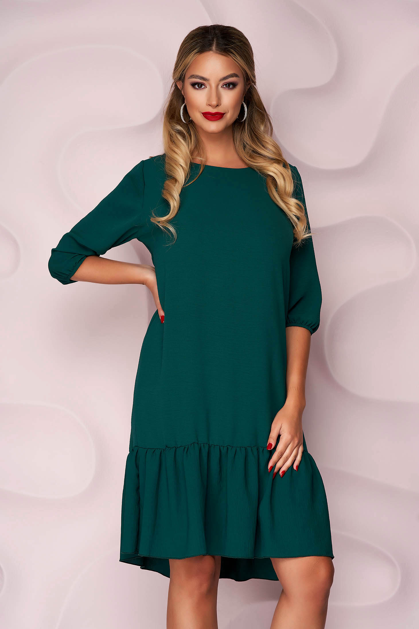 Darkgreen dress with ruffle details from veil fabric loose fit with 3/4 sleeves