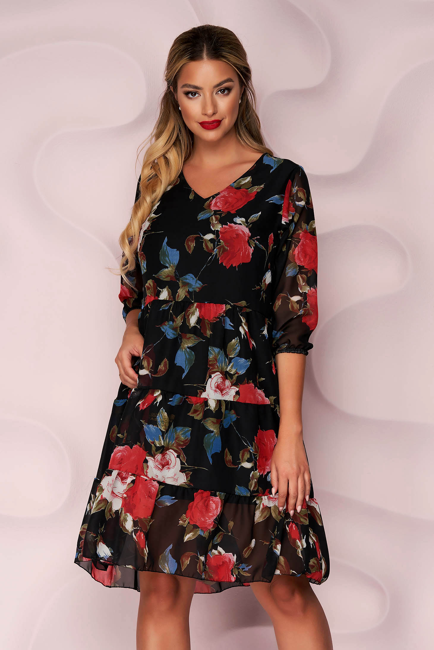 From veil fabric loose fit with ruffle details with 3/4 sleeves dress