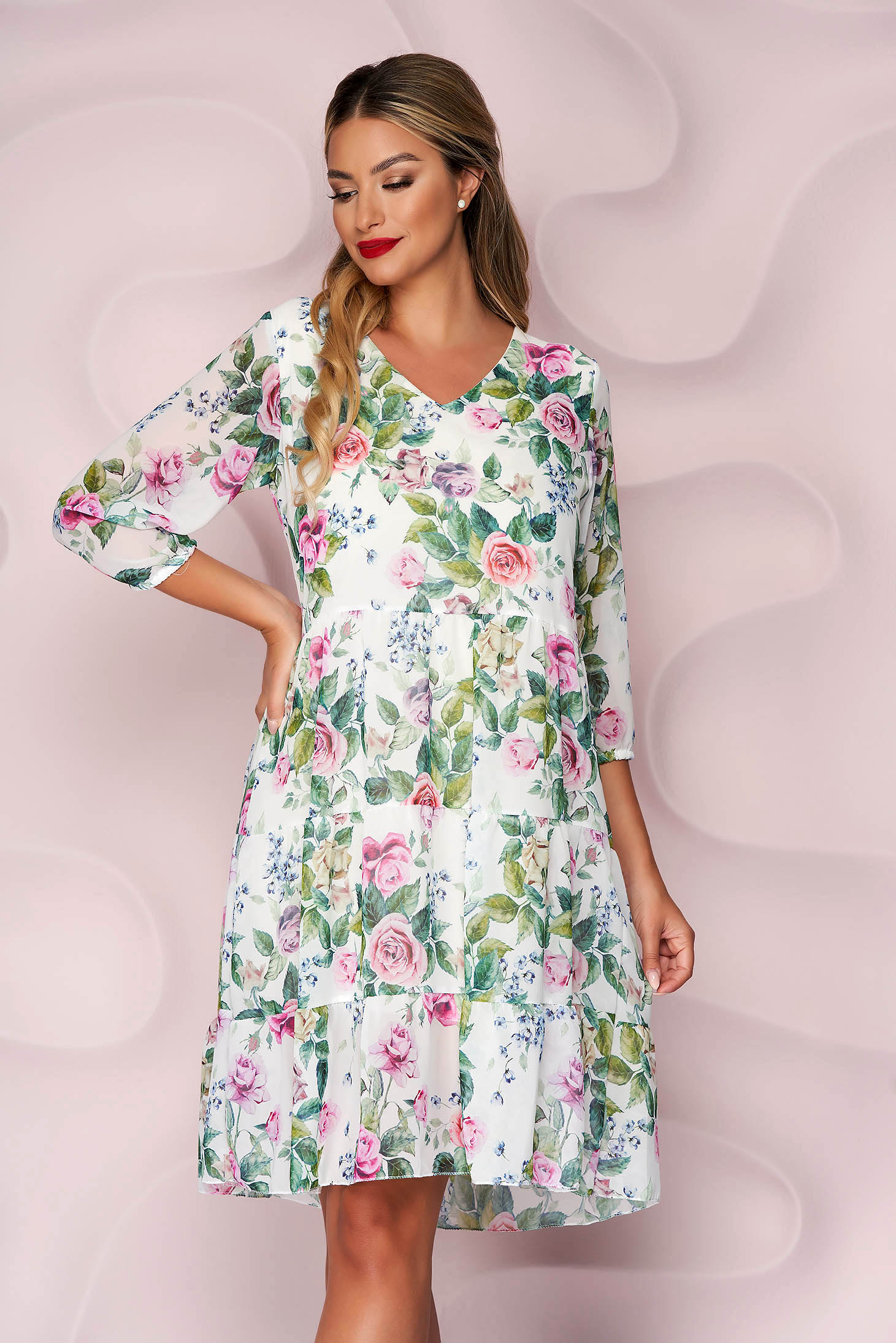 From veil fabric loose fit with ruffle details with 3/4 sleeves dress