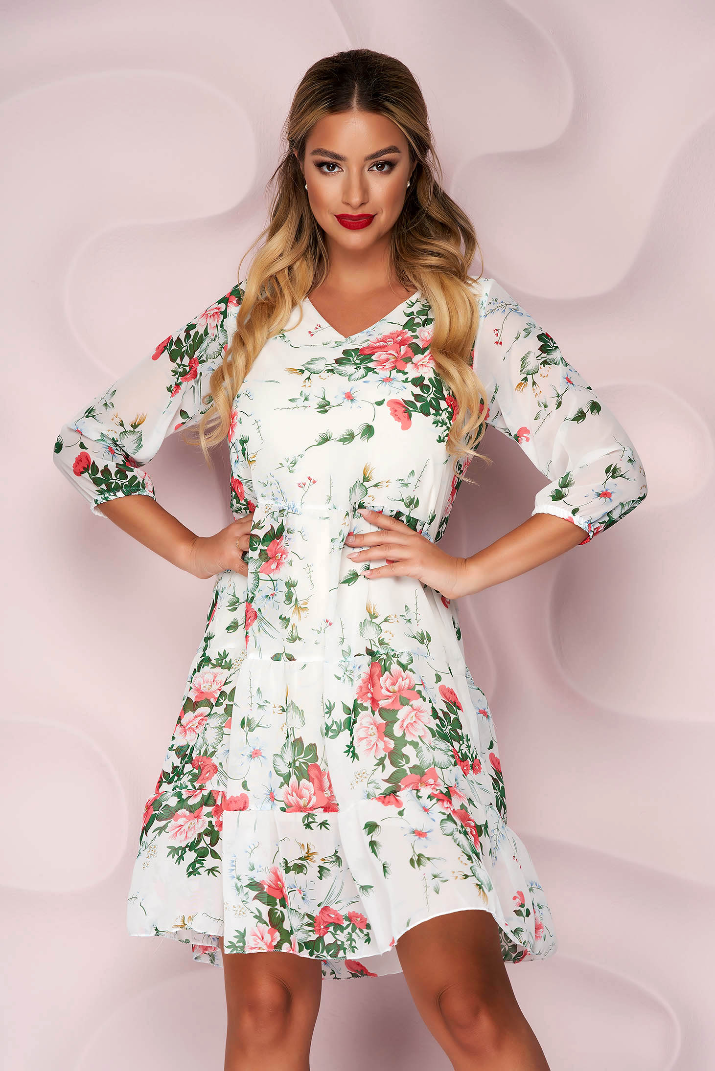 From veil fabric loose fit with ruffle details with 3/4 sleeves dress