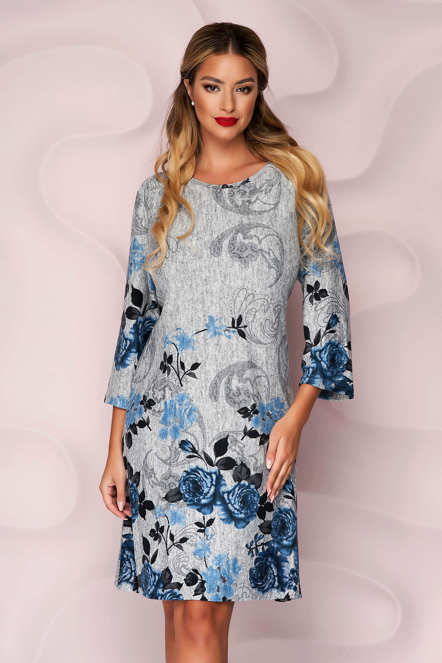 Grey dress straight knitted thin fabric from elastic fabric with floral print