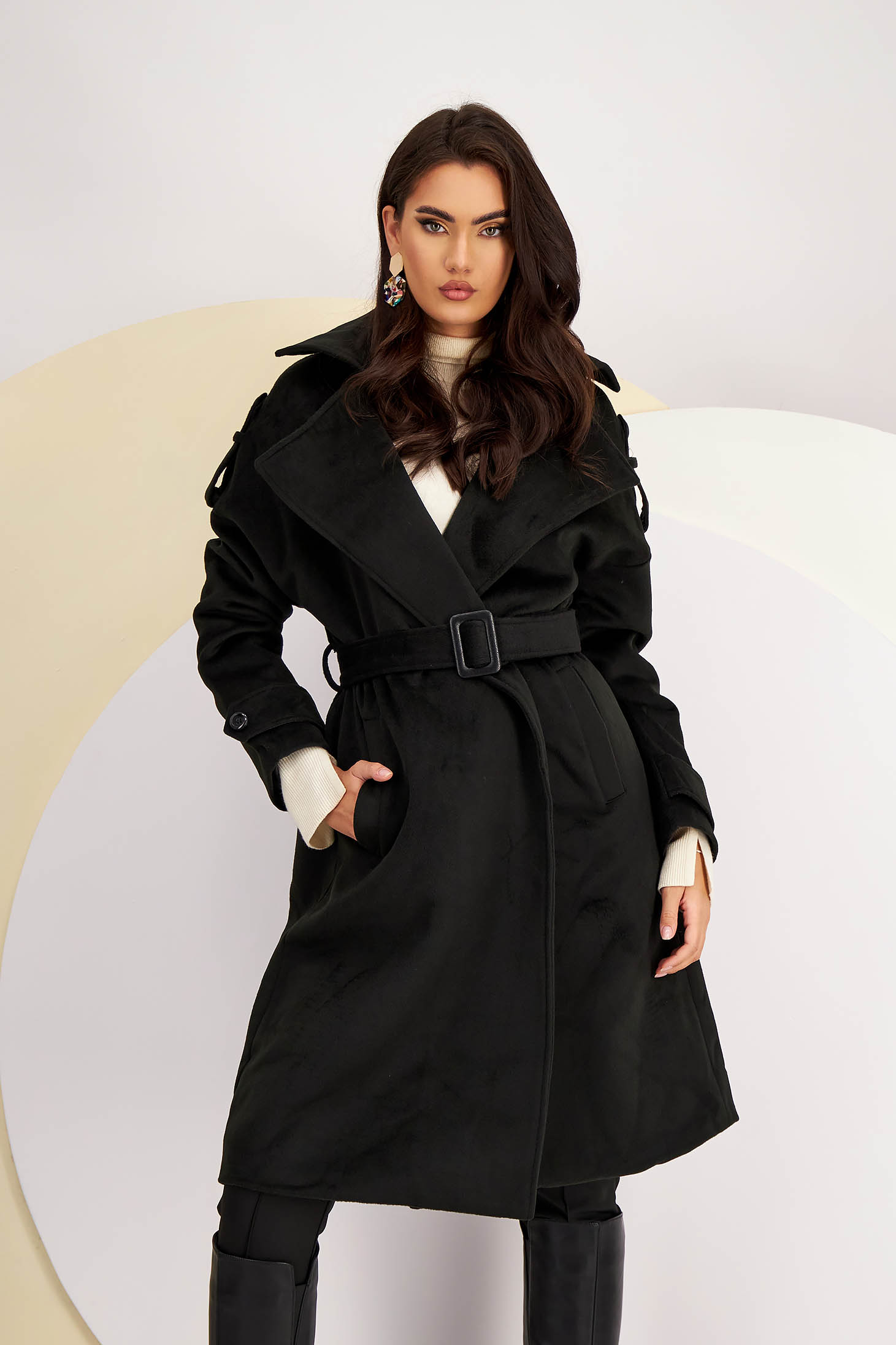 Palton din stofa negru lung cu croi larg si cordon detasabil - SunShine