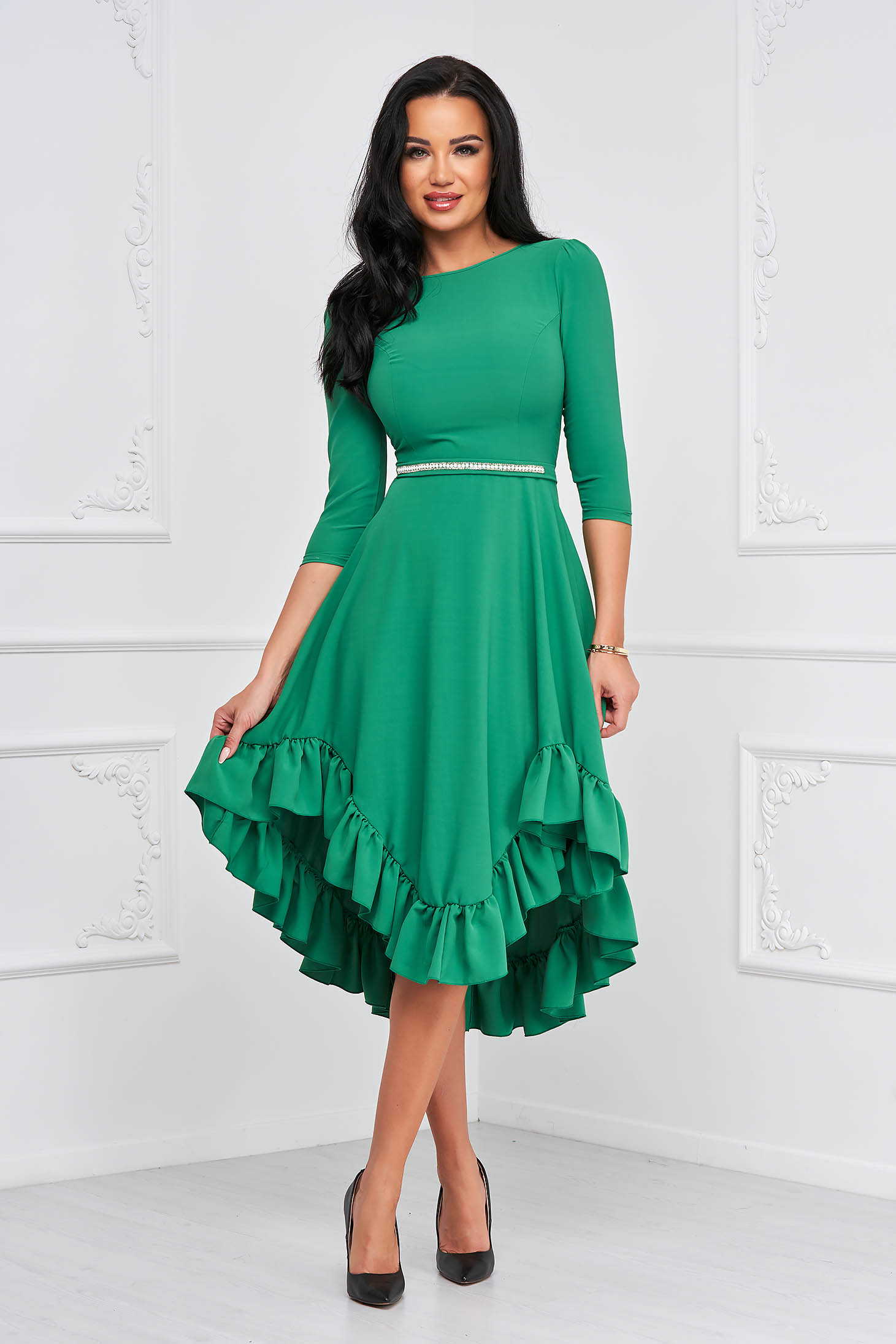 Asymmetric green georgette dress in a-line with ruffles at the base of the dress - StarShinerS 1 - StarShinerS.com
