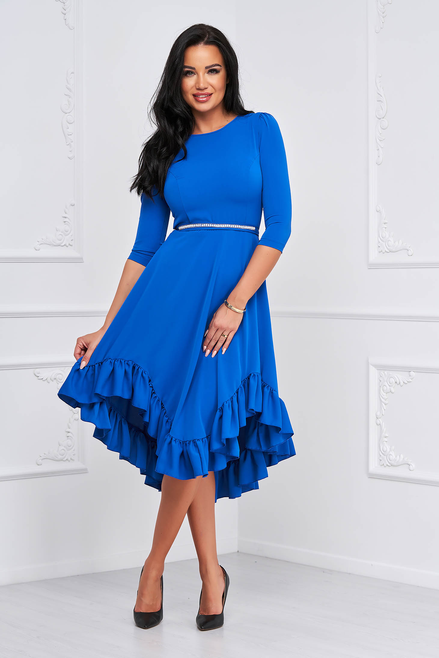 Blue dress with shop ruffles at the bottom