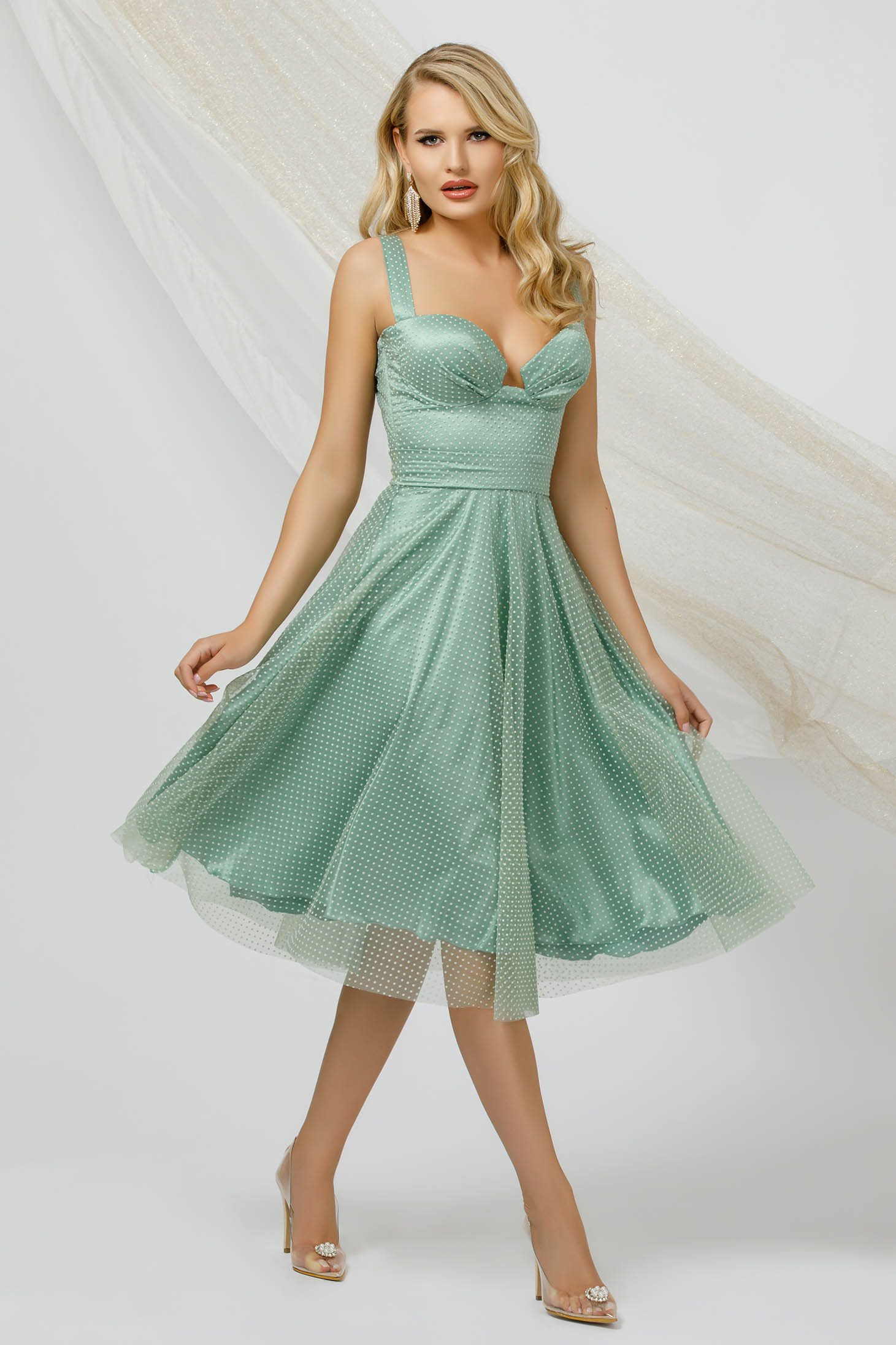 Mint dress cloche midi from tulle dots print detachable cord with push-up cups
