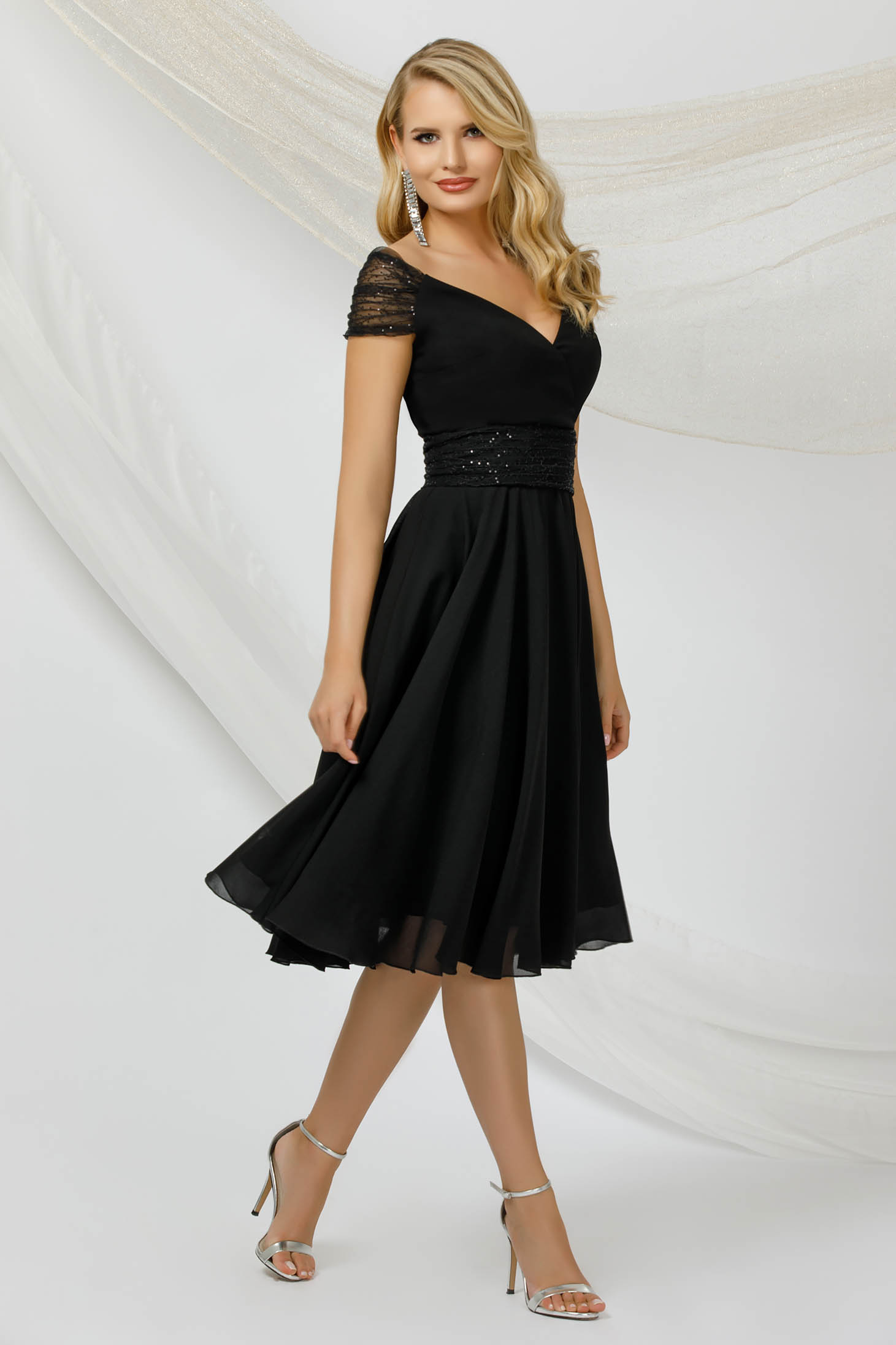 Black dress thin fabric from veil fabric with sequin embellished details midi