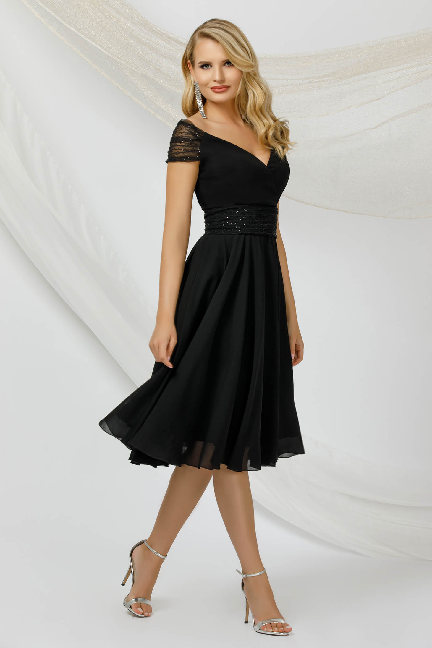 Rochie din voal subtire neagra midi cu aplicatii cu paiete 1 - StarShinerS.ro