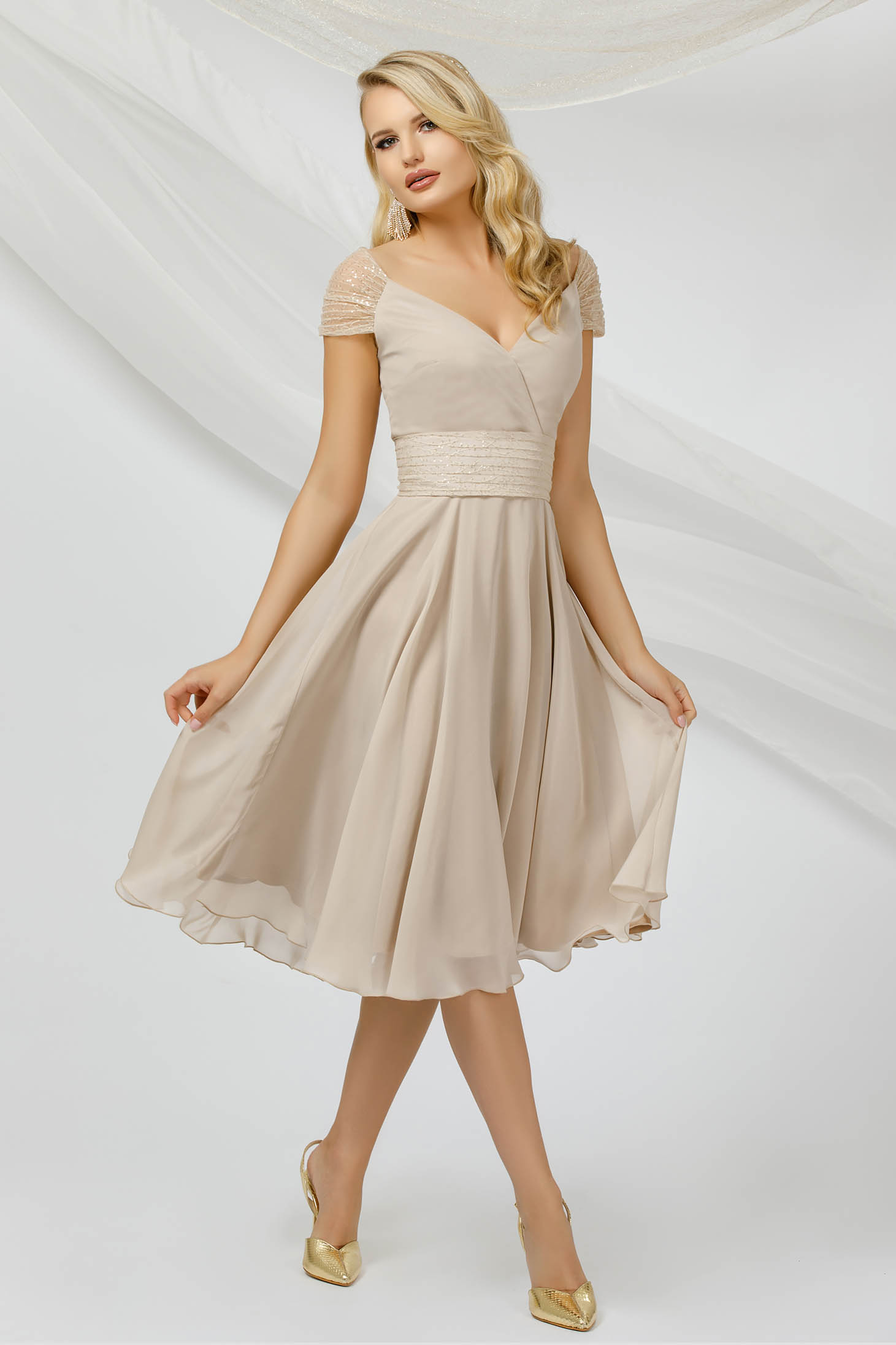 Cream dress occasional thin fabric from veil fabric with sequin embellished details midi