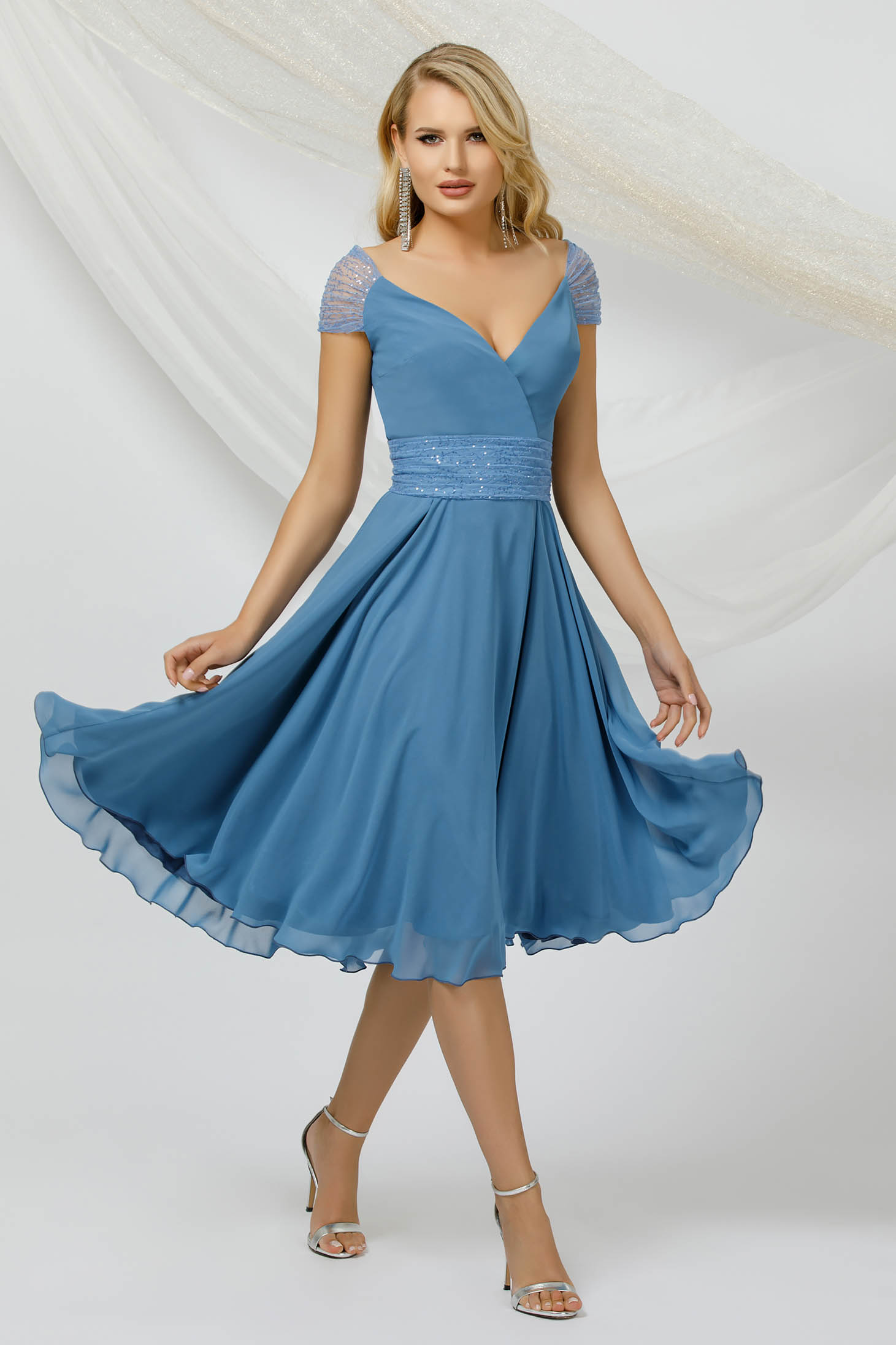 Blue dress thin fabric from veil fabric with sequin embellished details midi