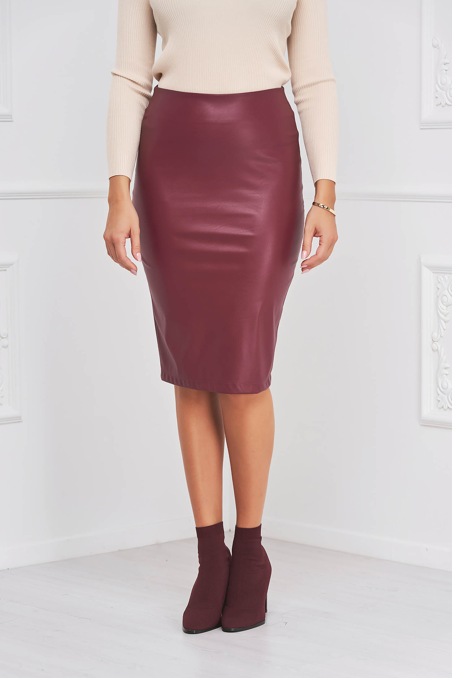 StarShinerS burgundy pencil skirt from ecological leather high waisted from elastic fabric midi