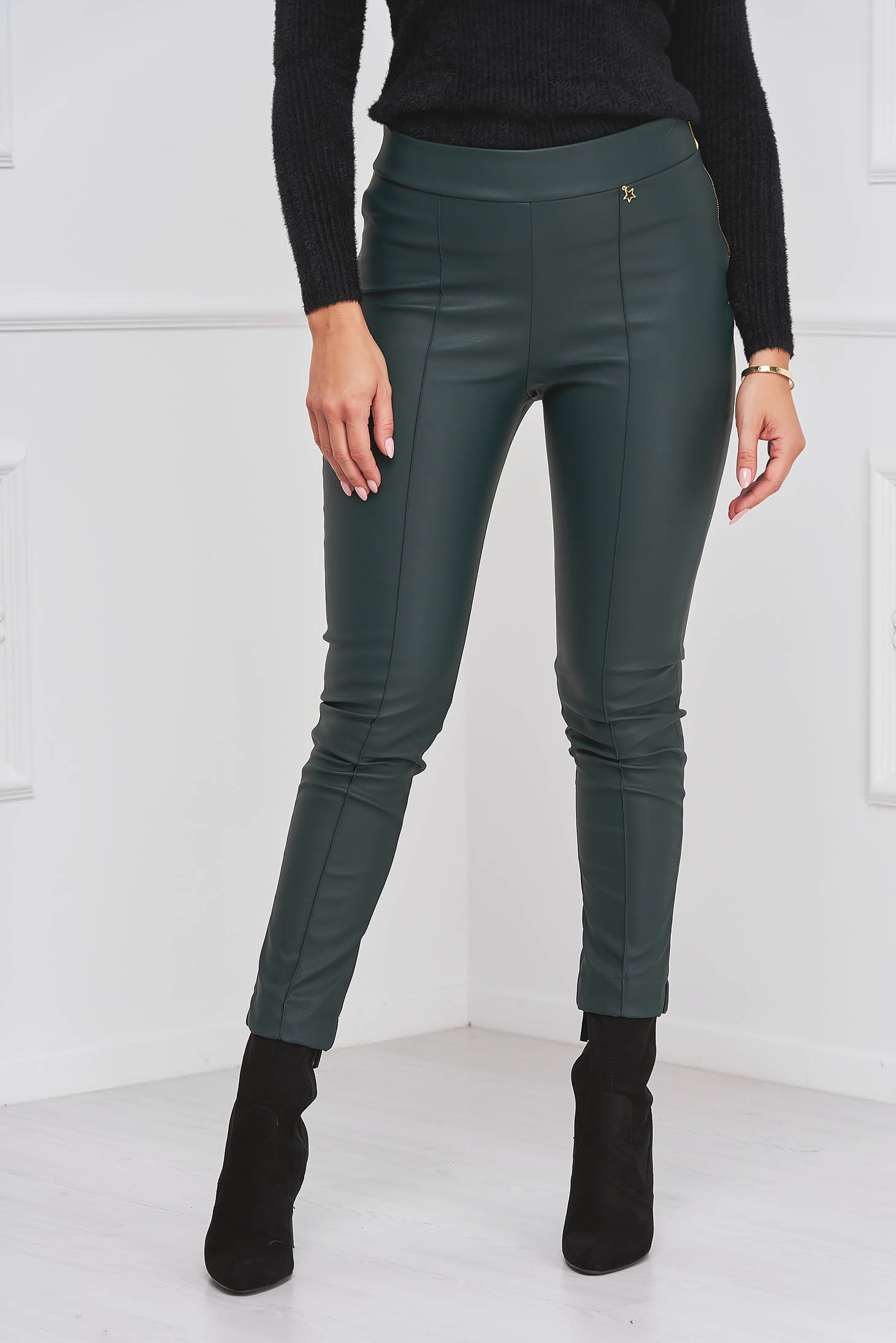 Casual darkgreen StarShinerS trousers from ecological leather with tented cut high waisted side zip fastening