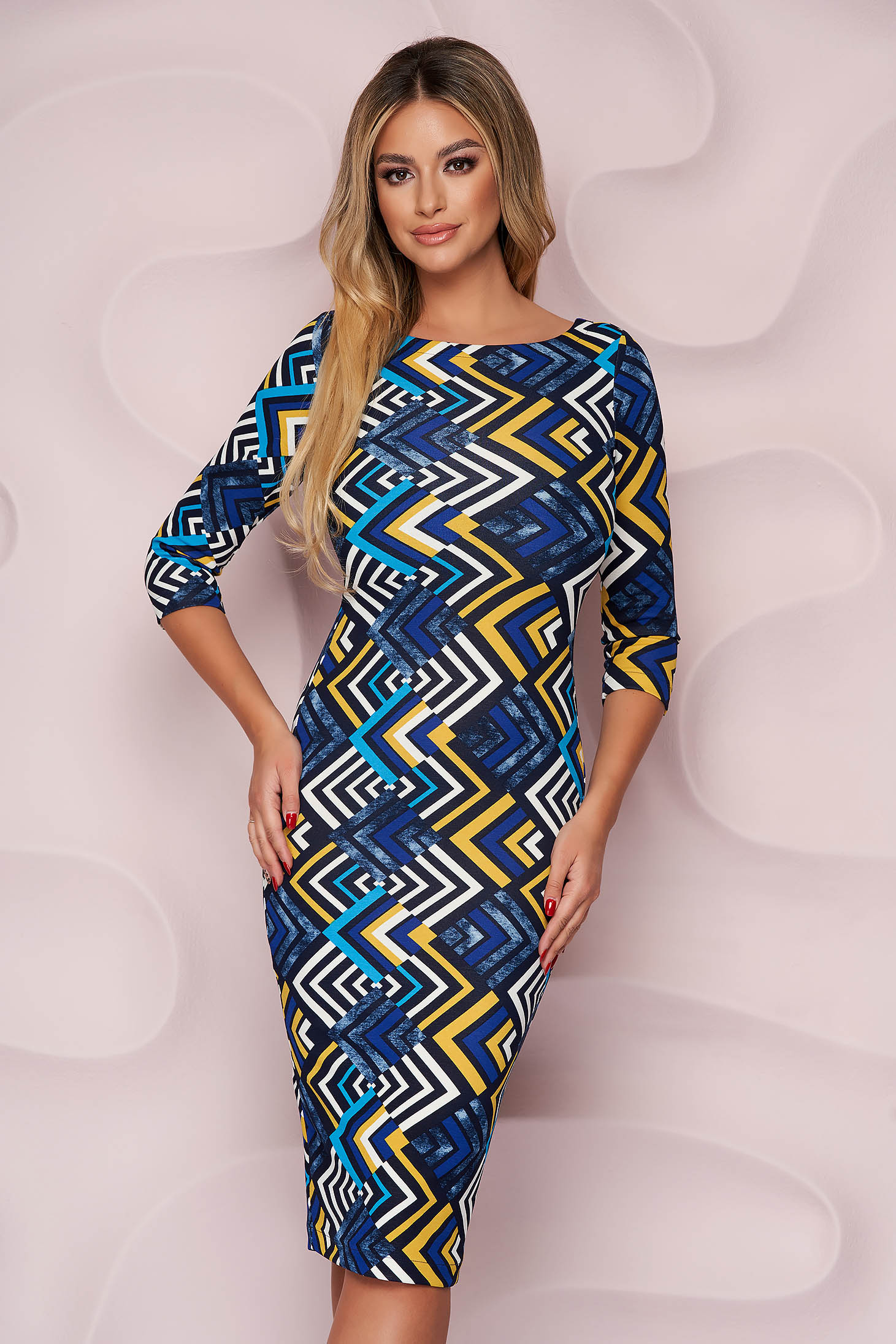 StarShinerS dress office midi from elastic fabric with tented cut with graphic details