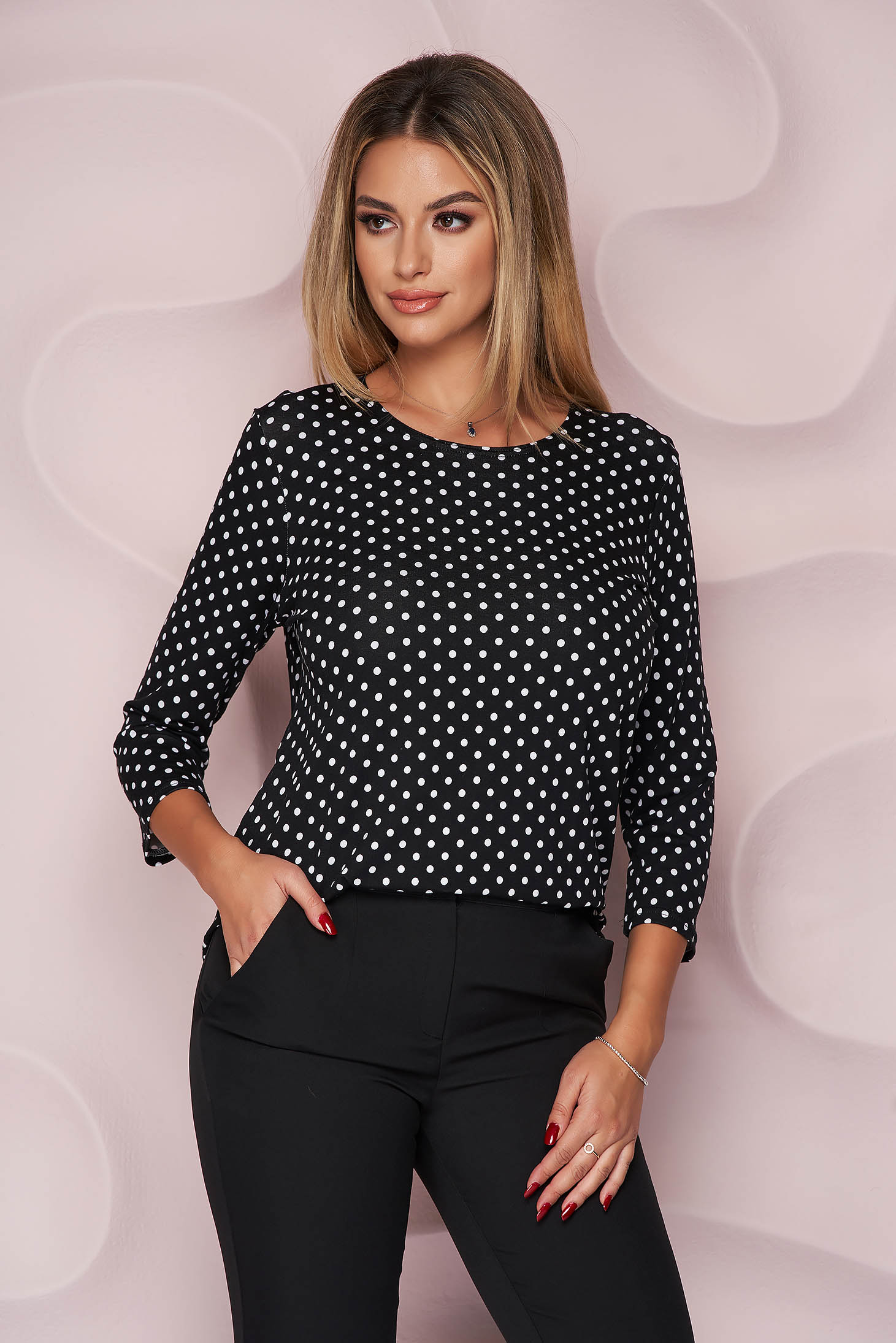 Women`s blouse thin fabric from elastic fabric loose fit office with 3/4 sleeves short cut 1 - StarShinerS.com