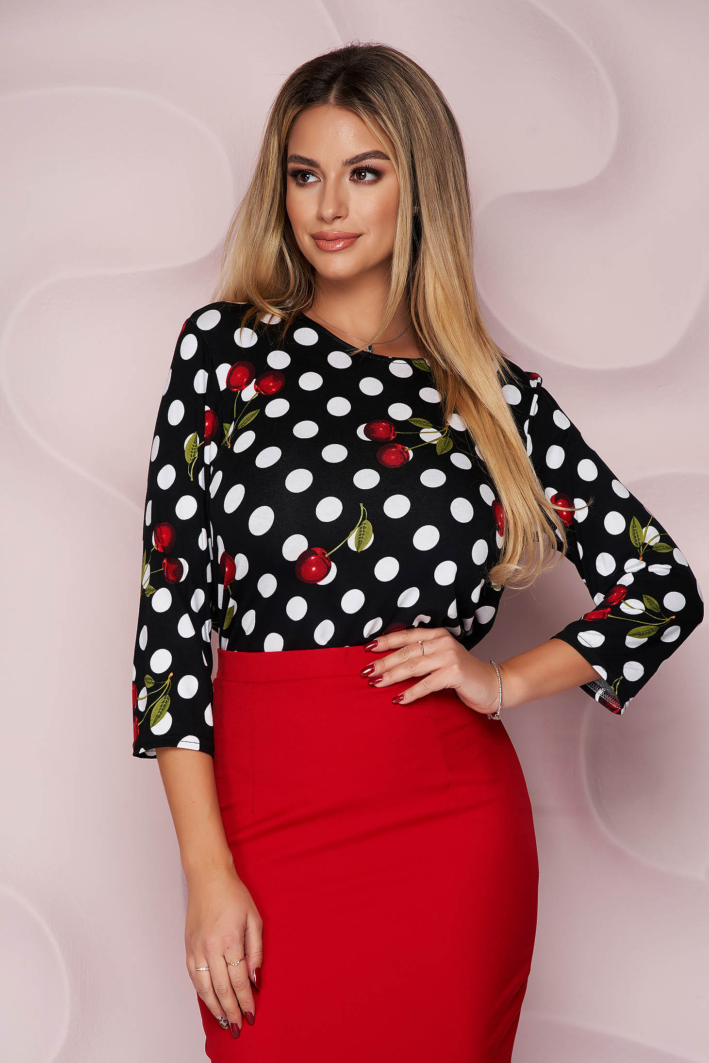 Women`s blouse thin fabric from elastic fabric loose fit office with 3/4 sleeves short cut