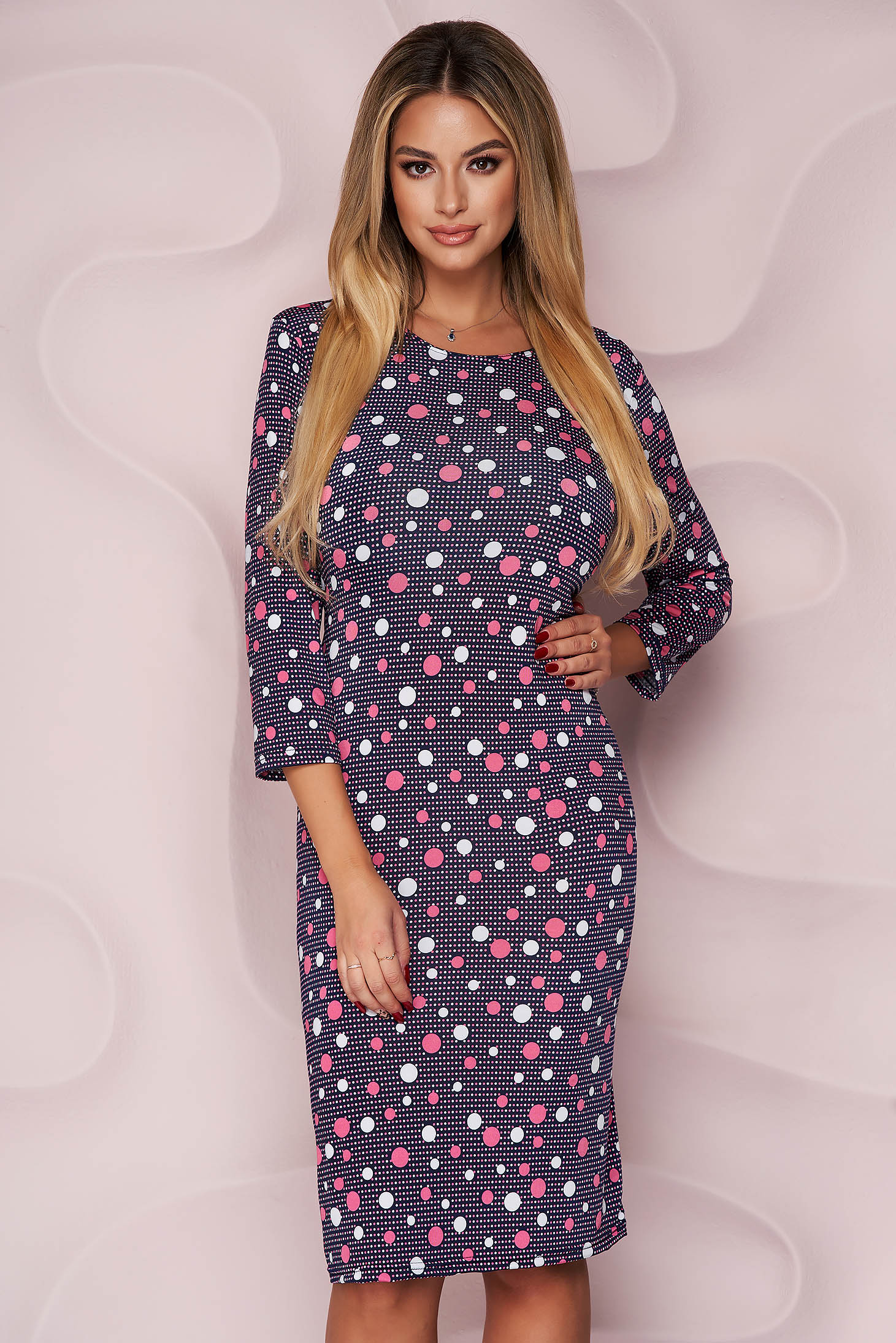 Dress office straight midi from elastic and fine fabric with 3/4 sleeves light material