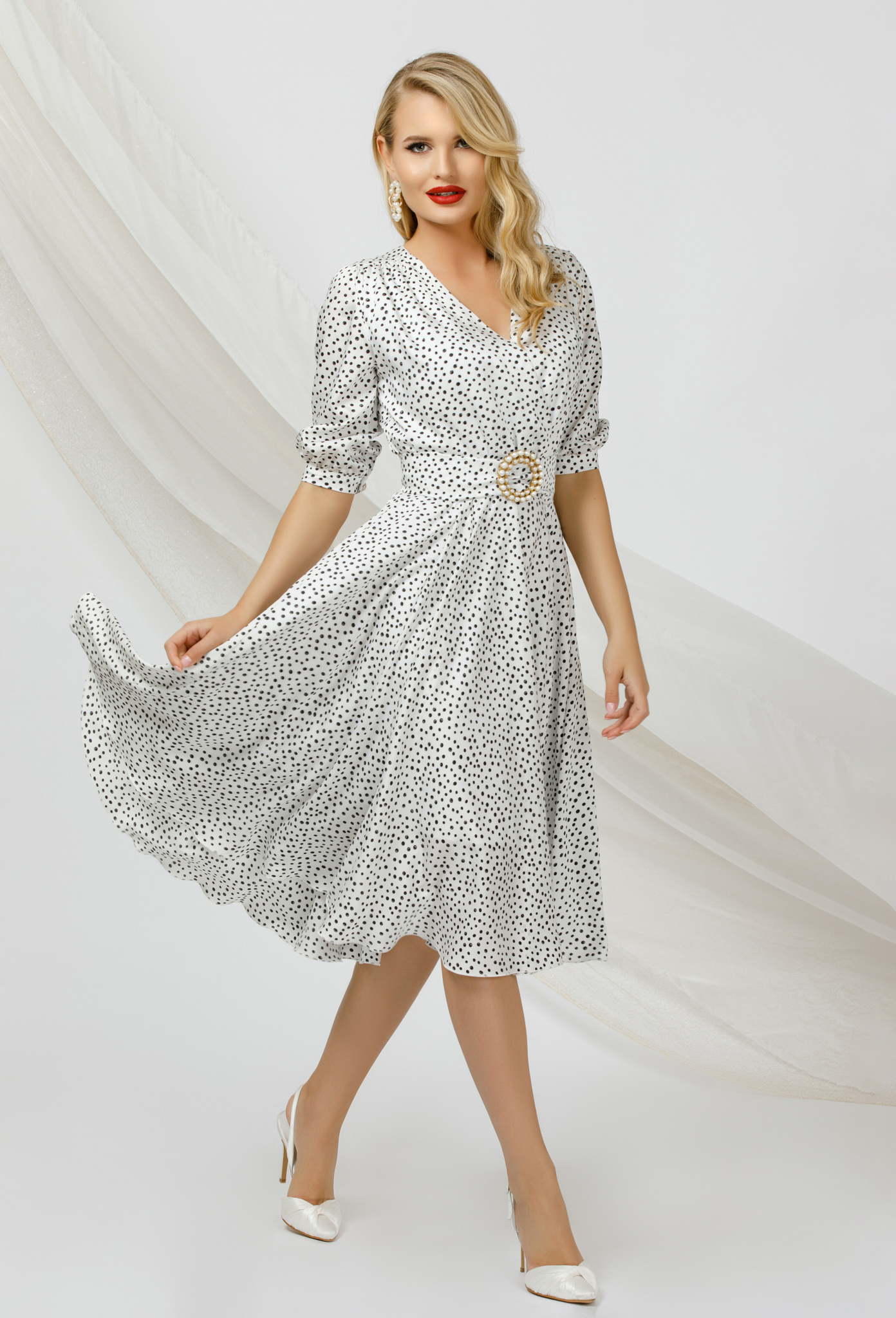 Dress midi cloche occasional airy fabric from satin fabric texture dots print metallic buckle