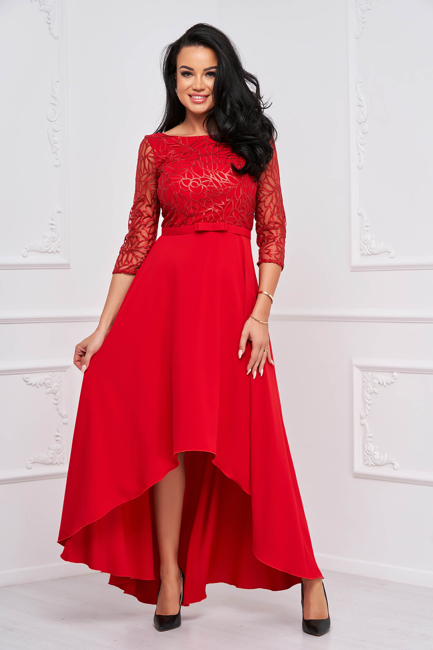 - StarShinerS red dress cloche asymmetrical with lace details georgette 1 - StarShinerS.com