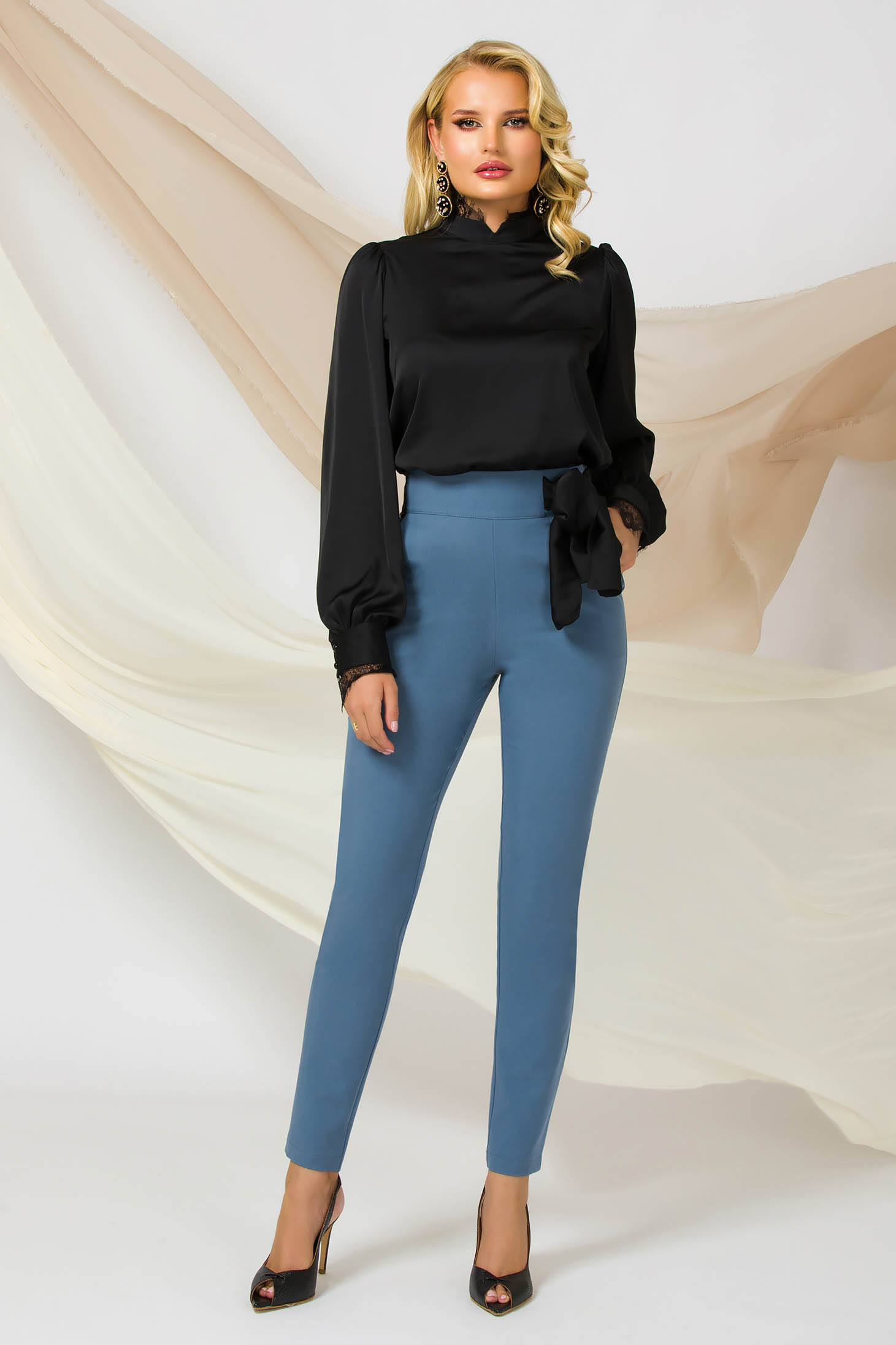 Blue trousers conical high waisted office slightly elastic fabric satin ribbon fastening
