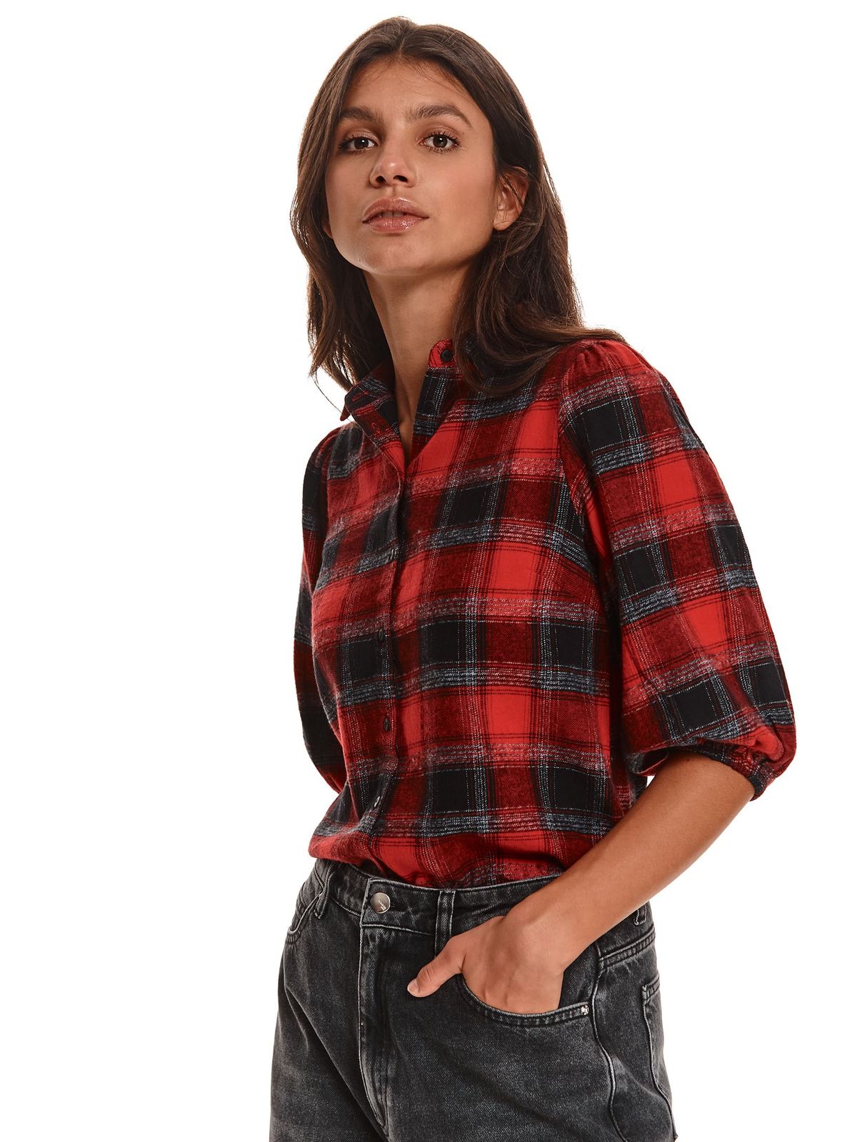 Red women`s shirt with straight cut soft fabric with 3/4 sleeves with chequers