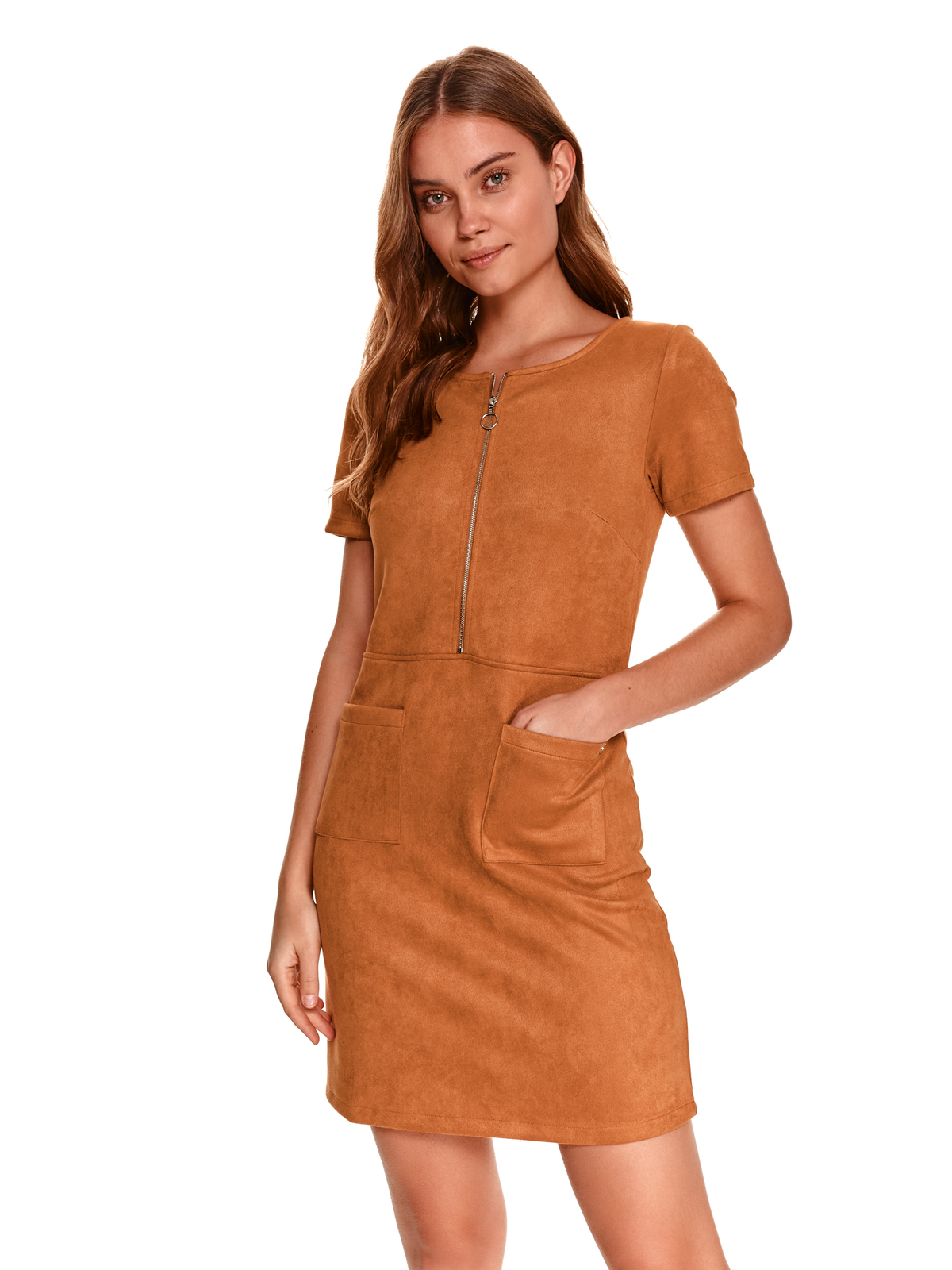 Lightbrown dress from suede pencil short cut with front pockets