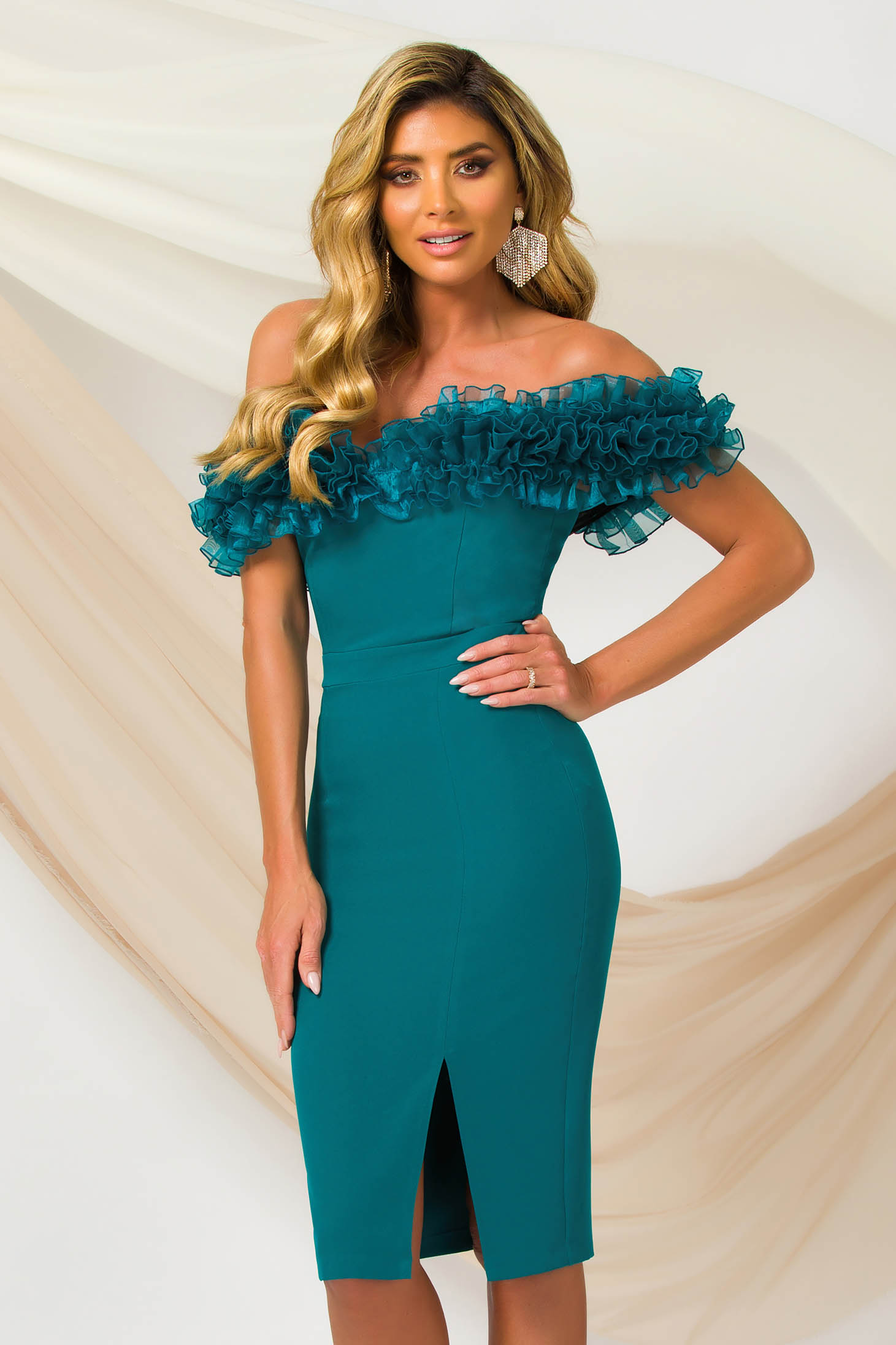 Turquoise dress midi pencil slightly elastic fabric organza with ruffled sleeves