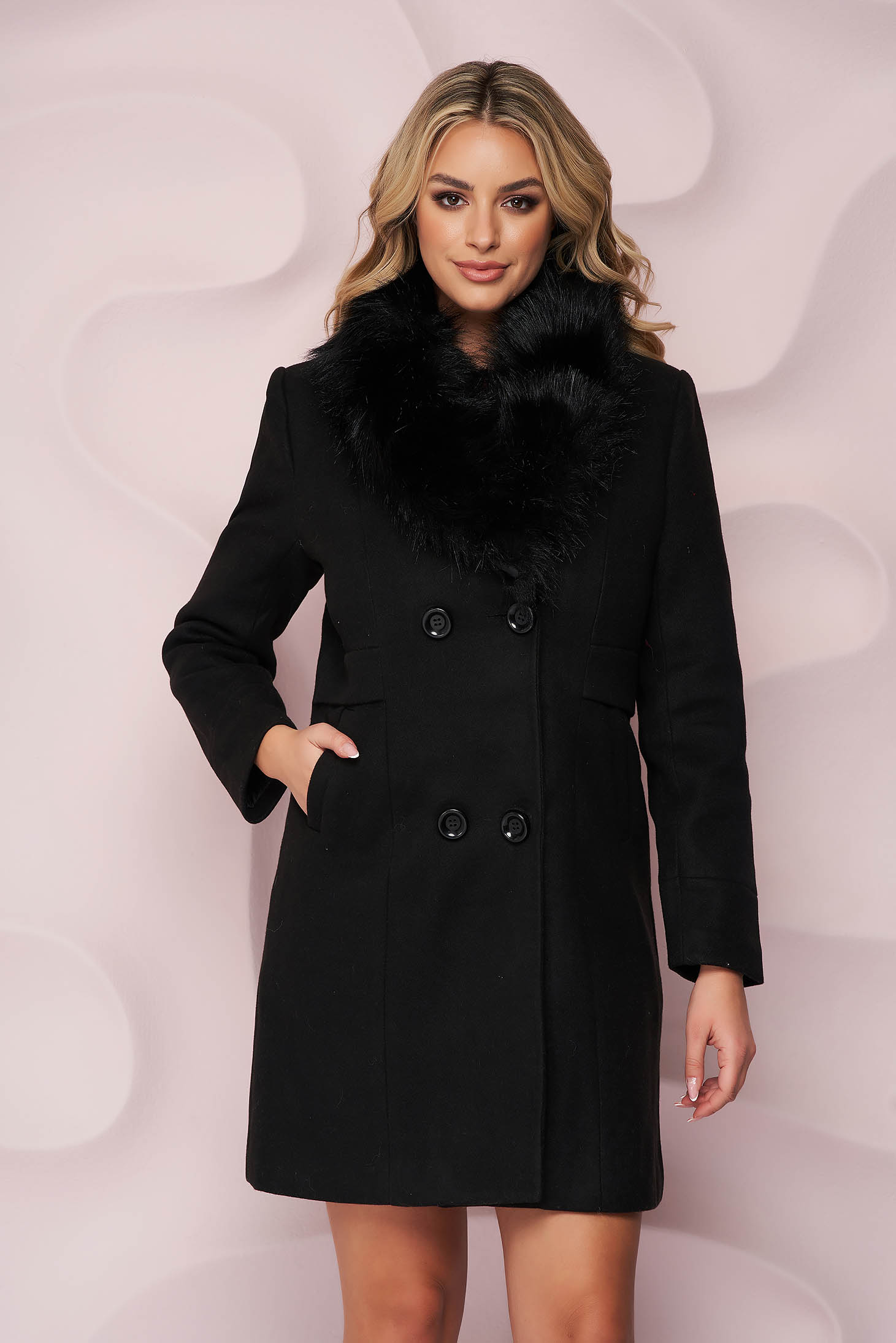 Black coat arched cut elegant with detachable faux fur insertions from wool
